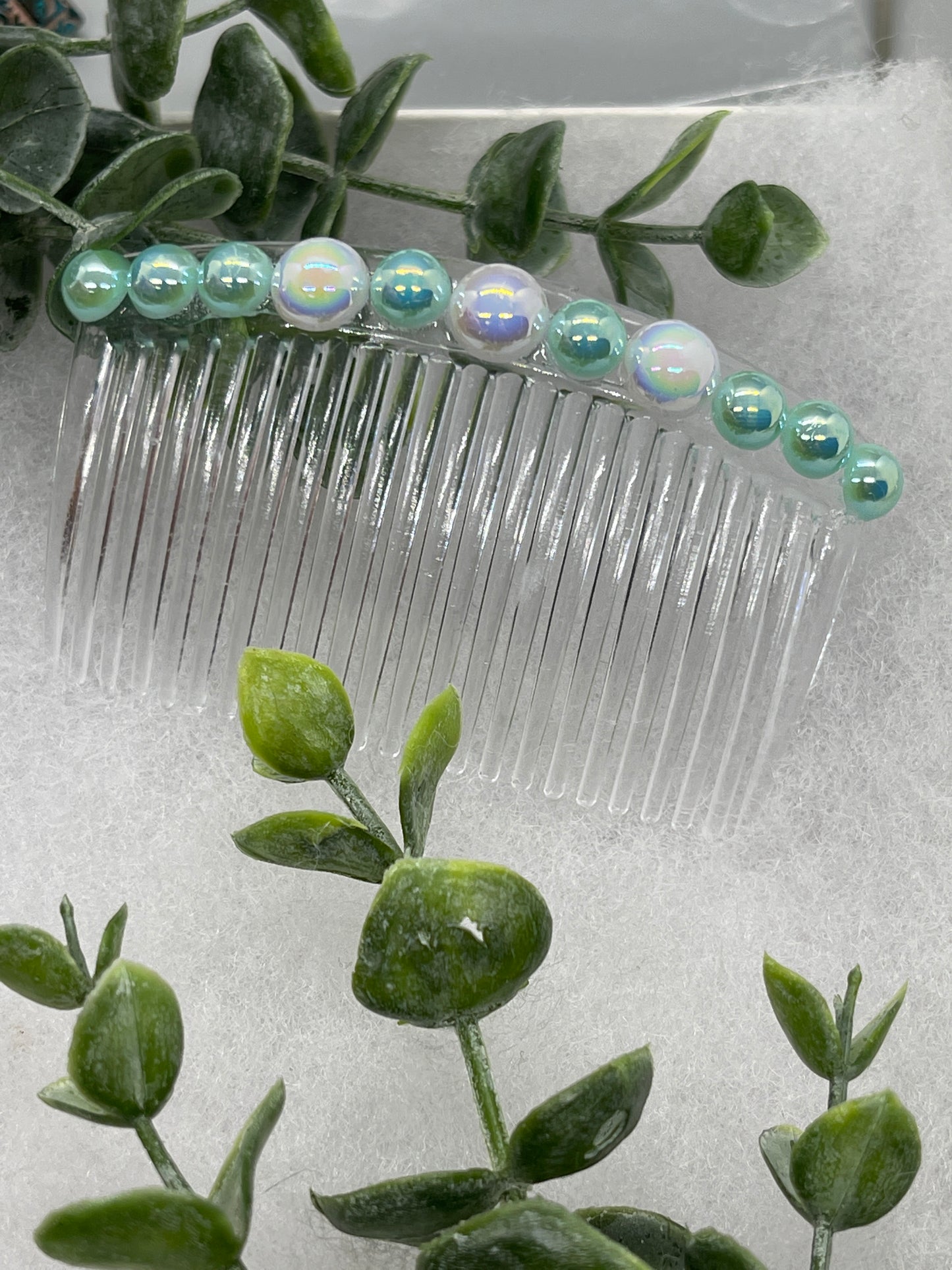 Iridescent light teal white faux pearl side comb 3.5” clear plastic hair accessory bridal wedding Retro Bridal Party Prom Birthday gifts
