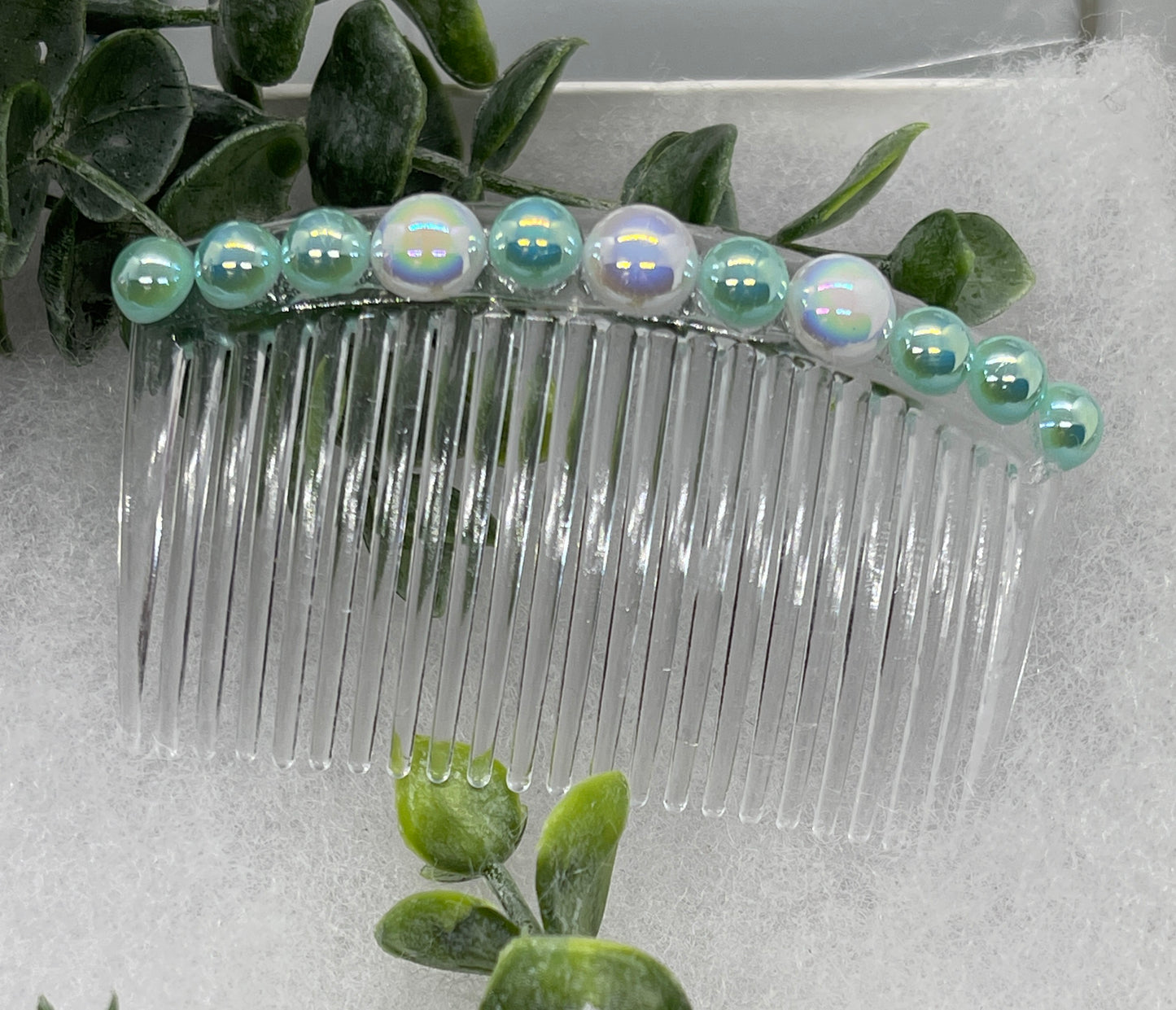Iridescent light teal white faux pearl side comb 3.5” clear plastic hair accessory bridal wedding Retro Bridal Party Prom Birthday gifts