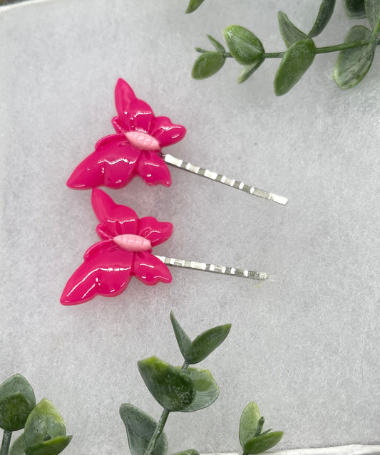 2 pc pink Butterfly hair pins approximately 2.0”silver tone formal hair accessory gift wedding bridal Hair accessory #005