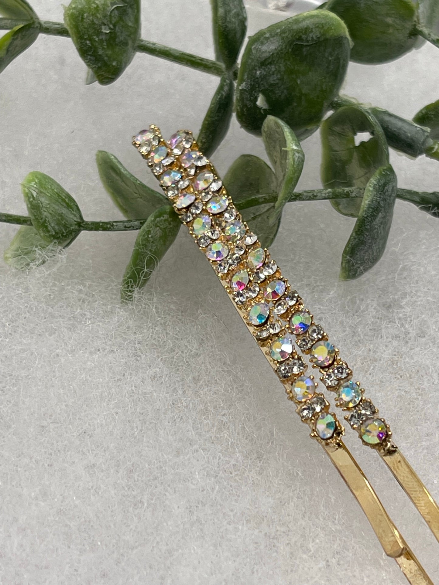 Iridescent crystal rhinestone approximately 3.5” large gold tone hair pins 2 pc set wedding bridal shower