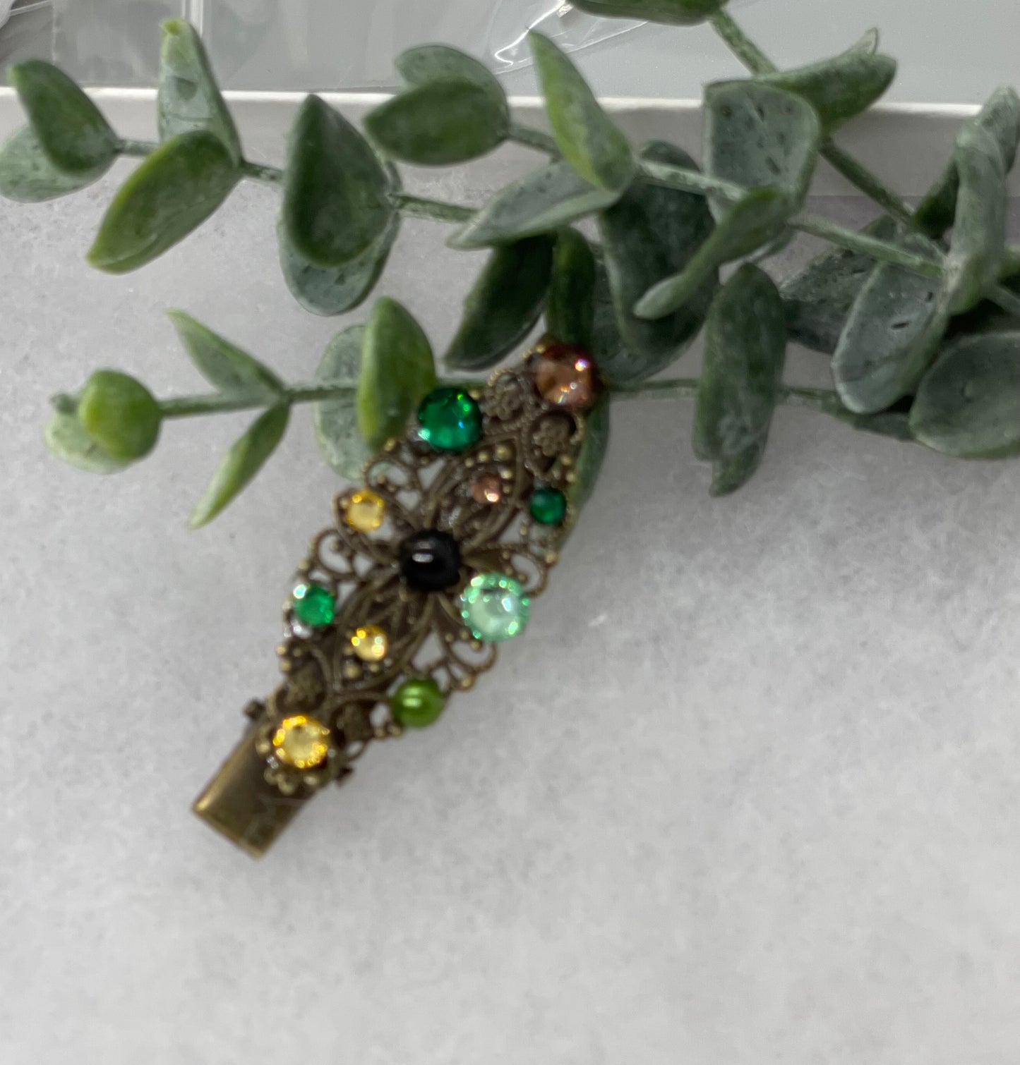 Camouflage Pearl Crystal vintage antique style leaf hair alligator clip approximately 2.5” long Handmade hair accessory bridal wedding #642