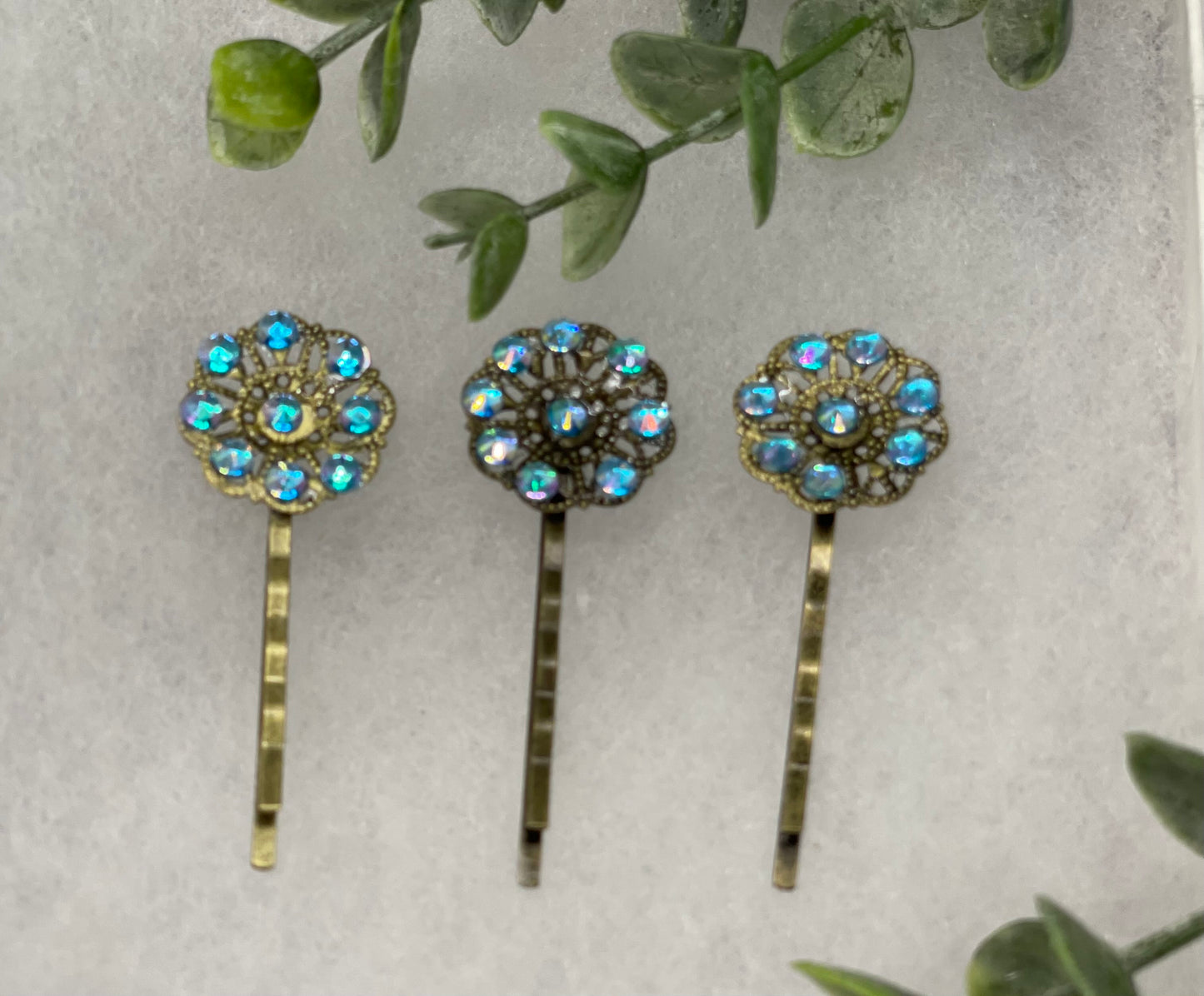 Blue rainbow crystal 3 pc set Antique vintage Style approximately 3.0” flower hair pin wedding engagement bride princess formal hair accessories