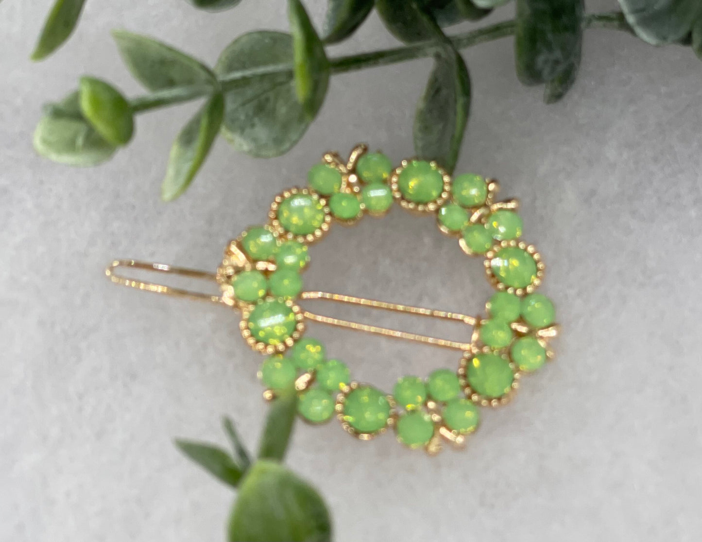 Green crystal rhinestone flower approximately 2.5” barrette Gold vintage style bridal Wedding showe