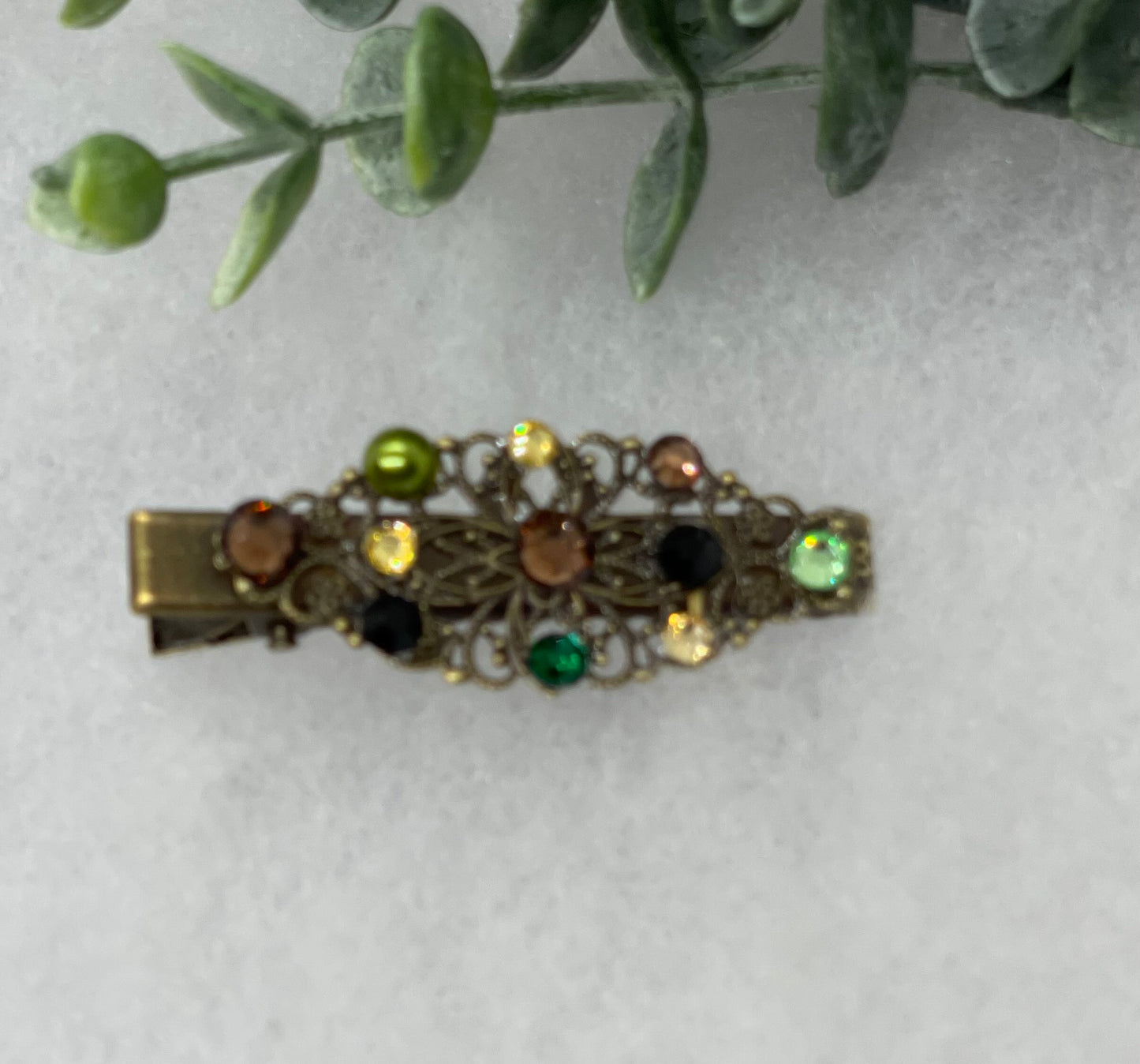 Camouflage Pearl Crystal vintage antique style leaf hair alligator clip approximately 2.5” long Handmade hair accessory bridal wedding #790