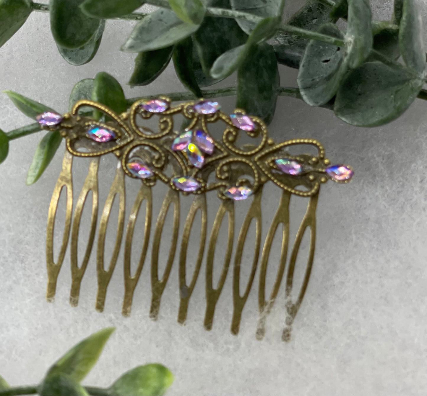 Lavender iridescent gel crystal vintage style antique hair accessories gift birthday event formal bridesmaid 2.5” Metal side Comb #255