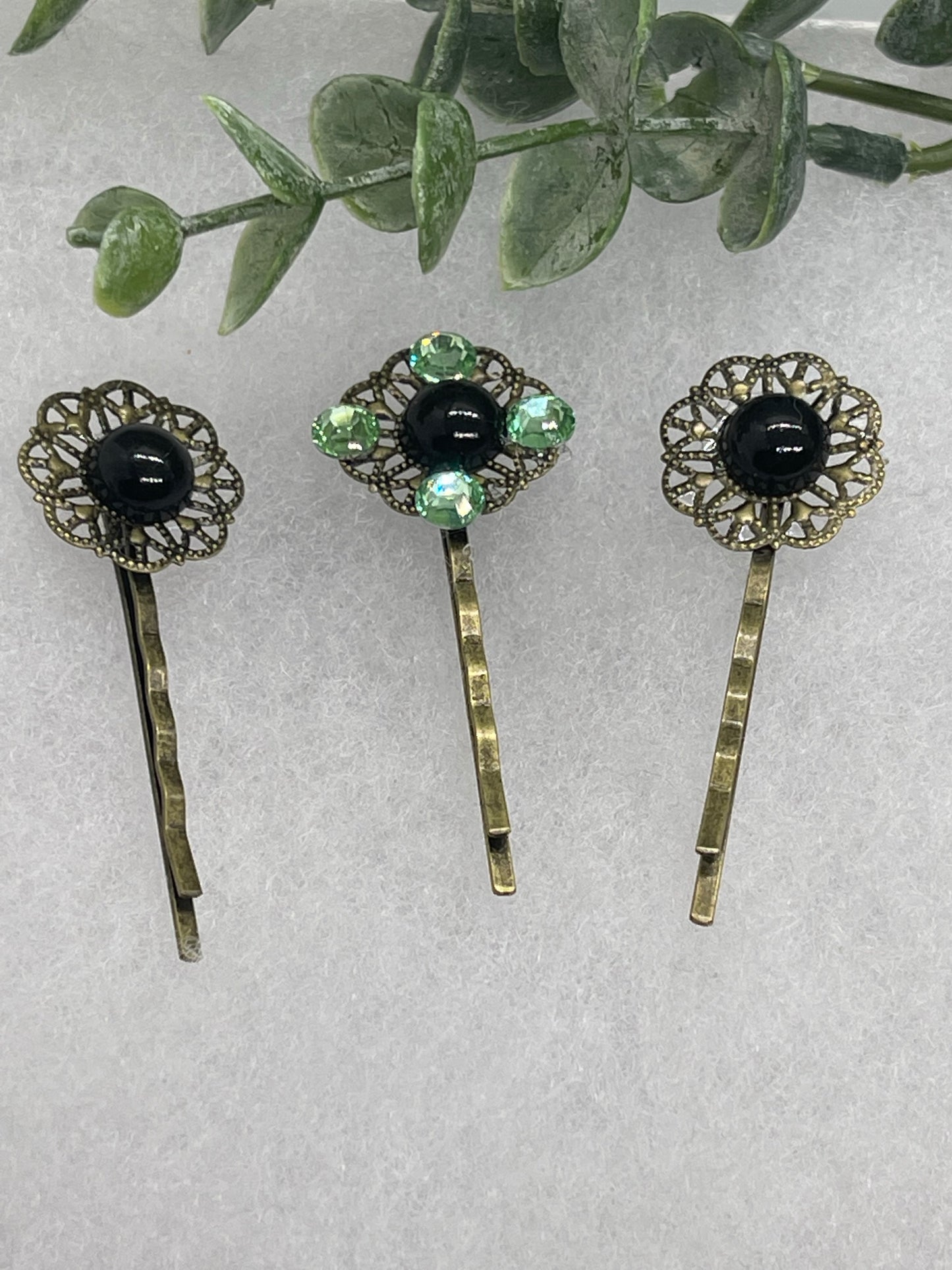 Black Green crystal faux pearl 3 pc set Antique vintage Style approximately 3.0” flower hair pin wedding