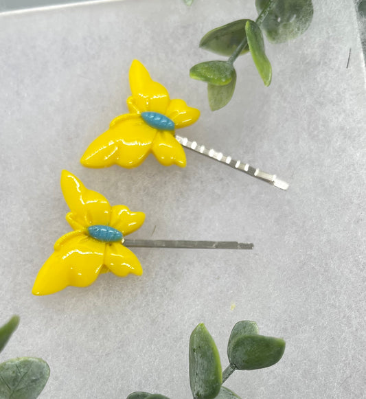 2 pc yellow Butterfly hair pins approximately 2.0”silver tone formal hair accessory gift wedding bridal Hair accessory #009