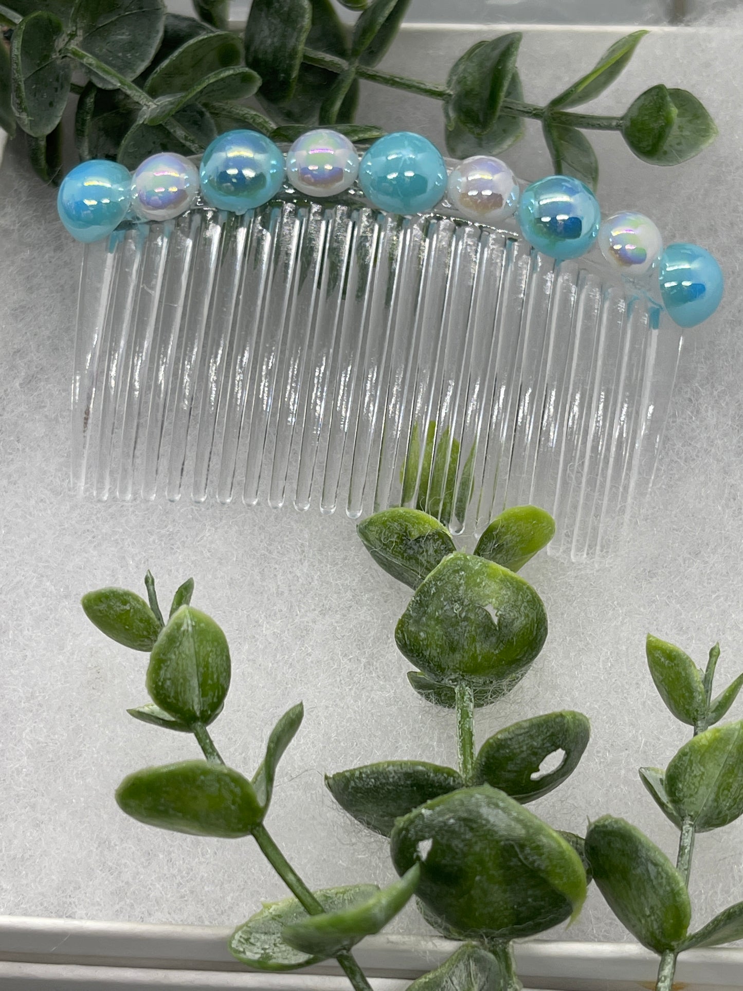 Iridescent light blue white faux pearl side comb 3.0” clear plastic hair accessory bridal wedding Retro Bridal Party Prom Birthday gifts