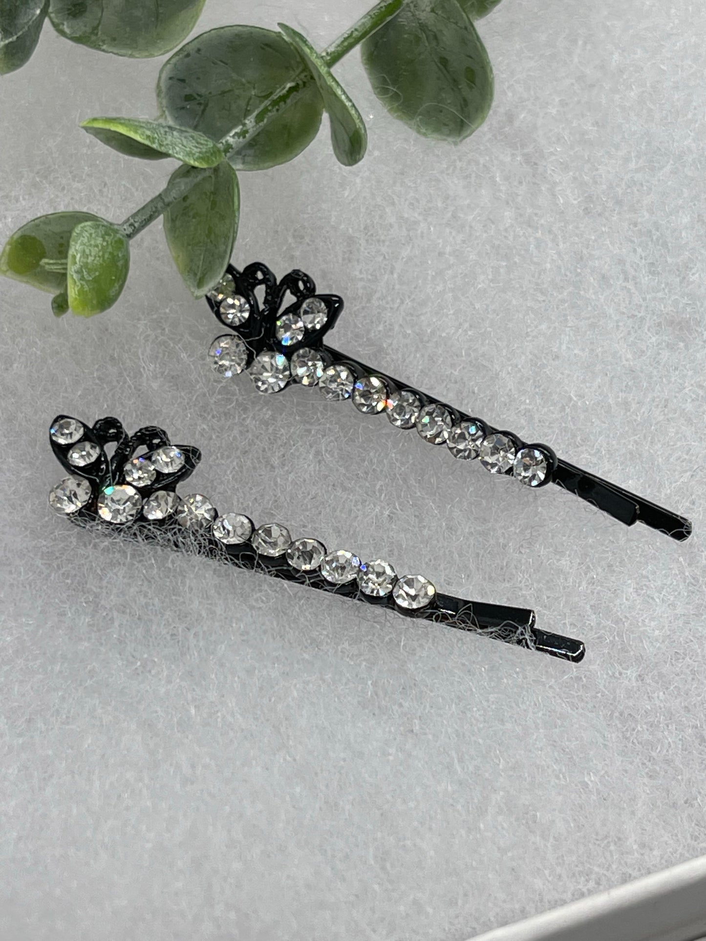 Clear crystal rhinestone butterfly approximately 2.5” black tone hair pins 2 pc set wedding bridal shower