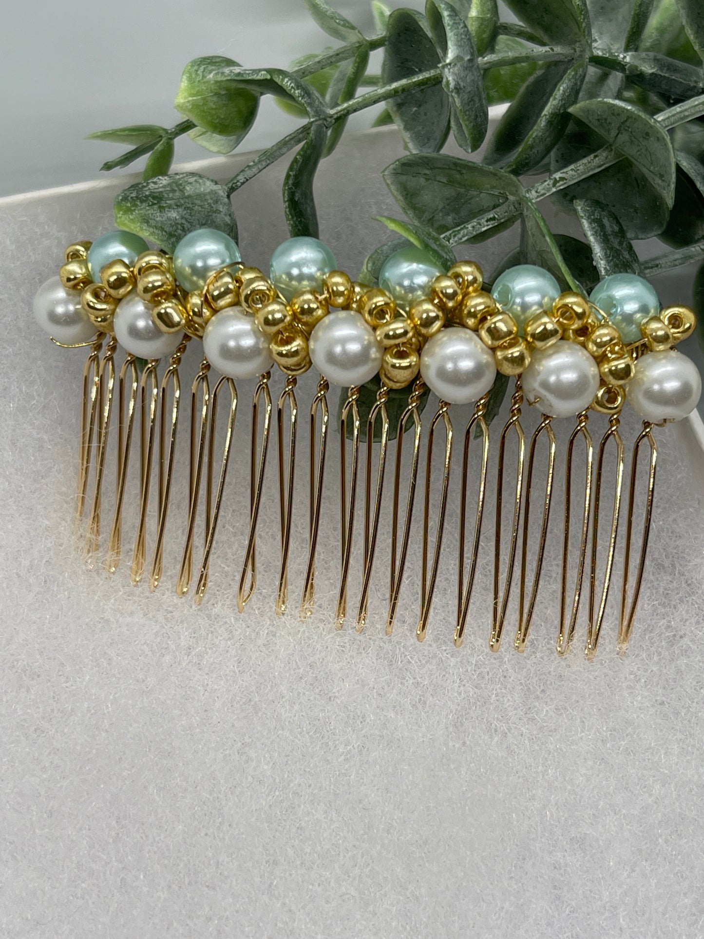 Light Teal gold beaded side Comb 3.5” gold Metal hair Accessories bridesmaid birthday princess wedding gift handmade accessories