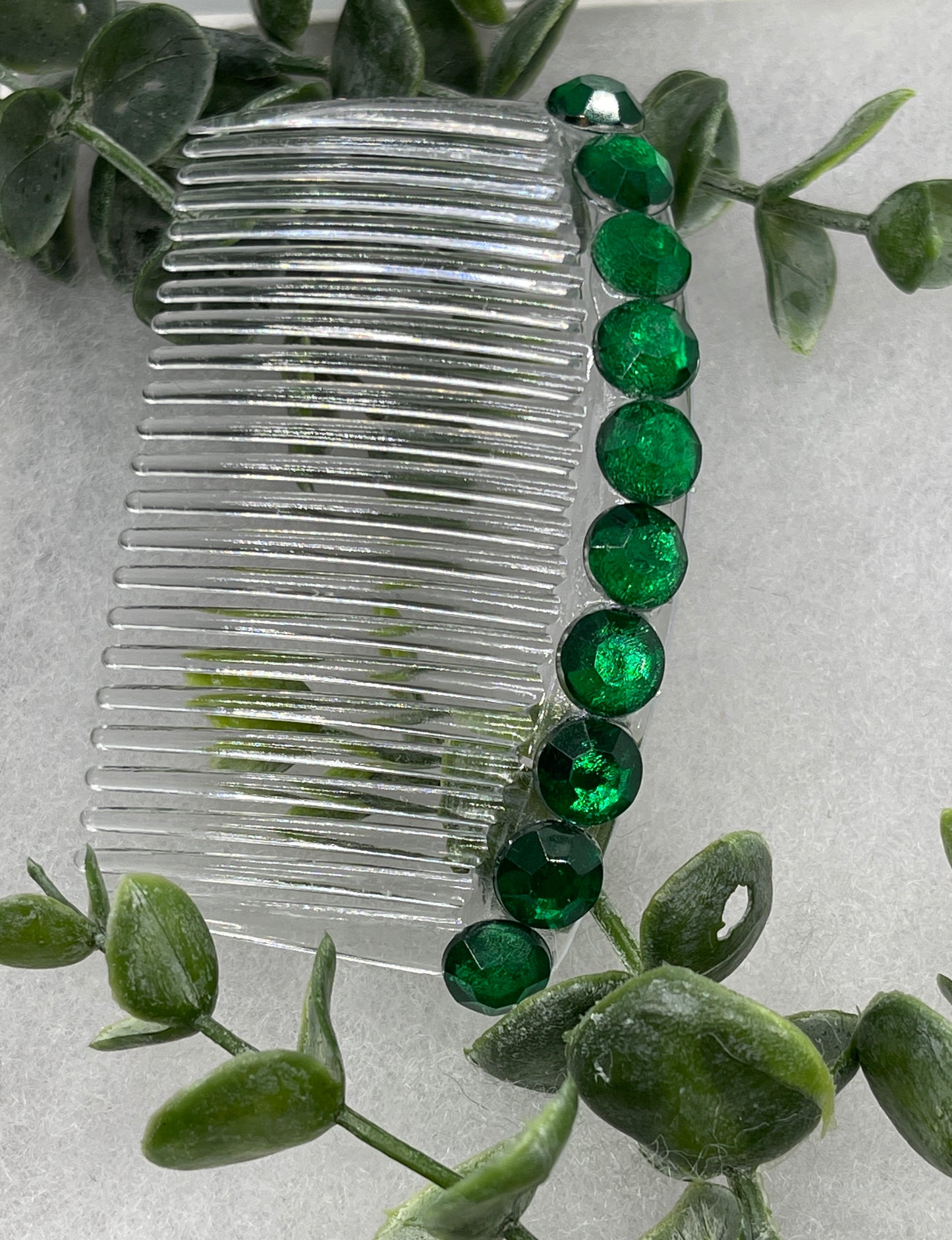 Green emerald faux crystal rhinestone side comb 3.5” clear plastic hair accessory bridal wedding Retro Bridal Party Prom Birthday gifts
