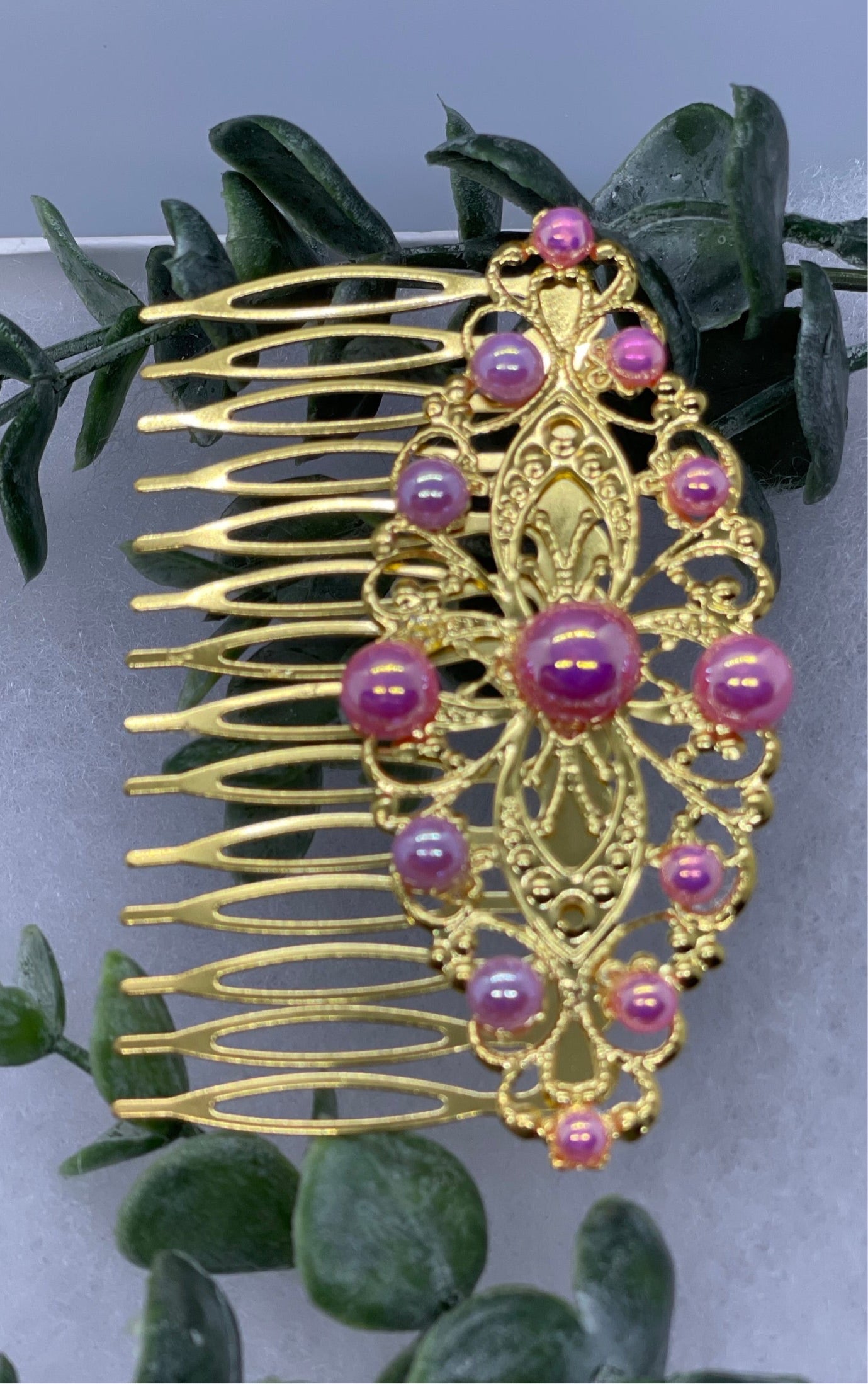 lavender pink Pearls vintage style Gold tone side comb hair accessory accessories gift birthday event formal bridesmaid wedding 3.5” Metal side Comb