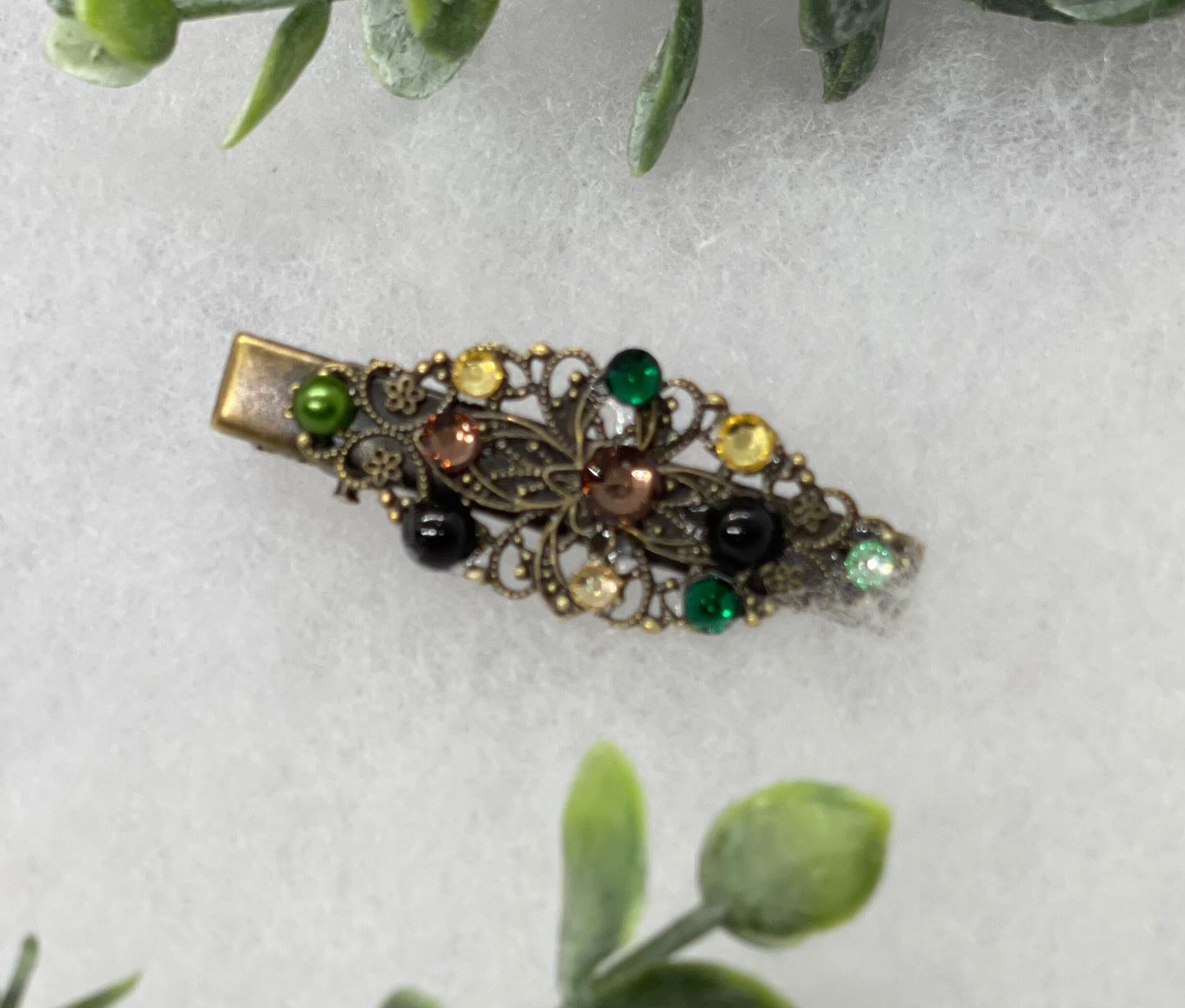 Camouflage Pearl Crystal vintage antique style leaf hair alligator clip approximately 2.5” long Handmade hair accessory bridal wedding #453