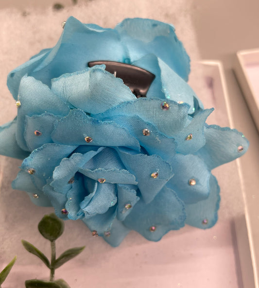 Baby Blue Rose flower crystal rhinestone embellished Claw Jaw clip approximately Large 5.0”W 4.0”L formal hair accessory wedding bridal