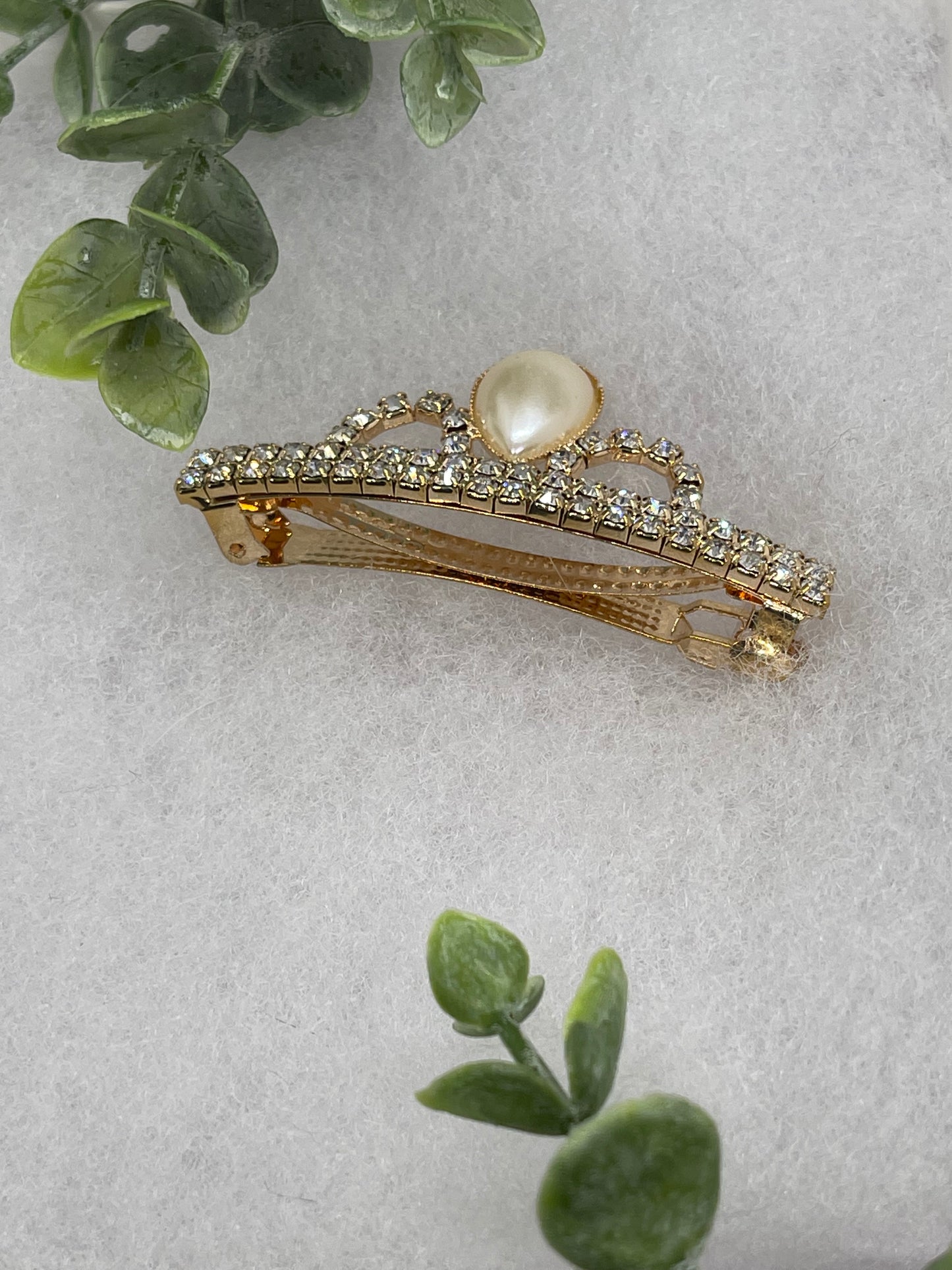 Teardrop Pearl Crown Crystal hair barrette approximately 3.0” gold tone formal hair accessory wedding bridal engagement princess bridesmaid