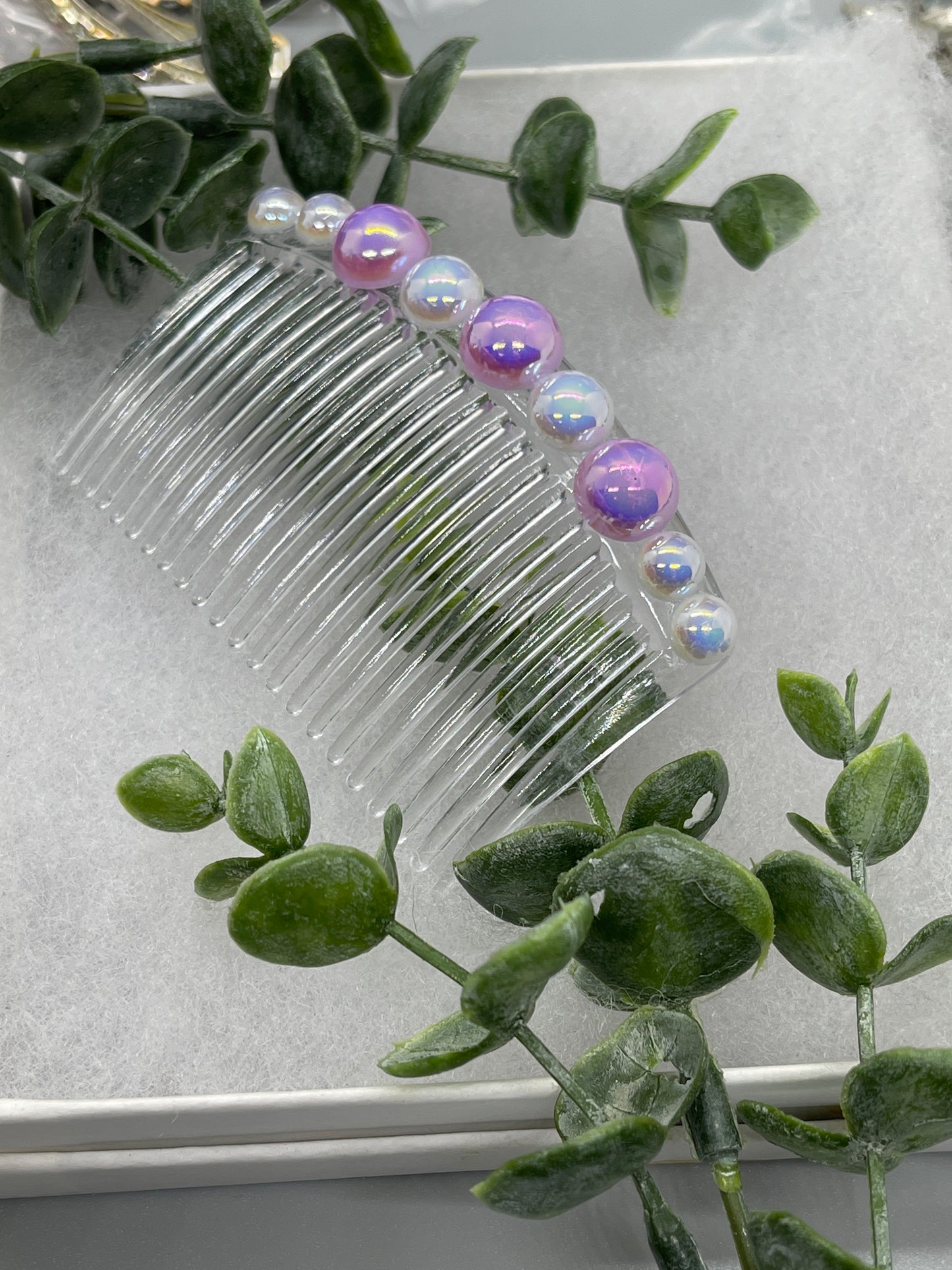 Iridescent Lavender white faux pearl side comb 3.5” clear plastic hair accessory bridal wedding Retro Bridal Party Prom Birthday gifts