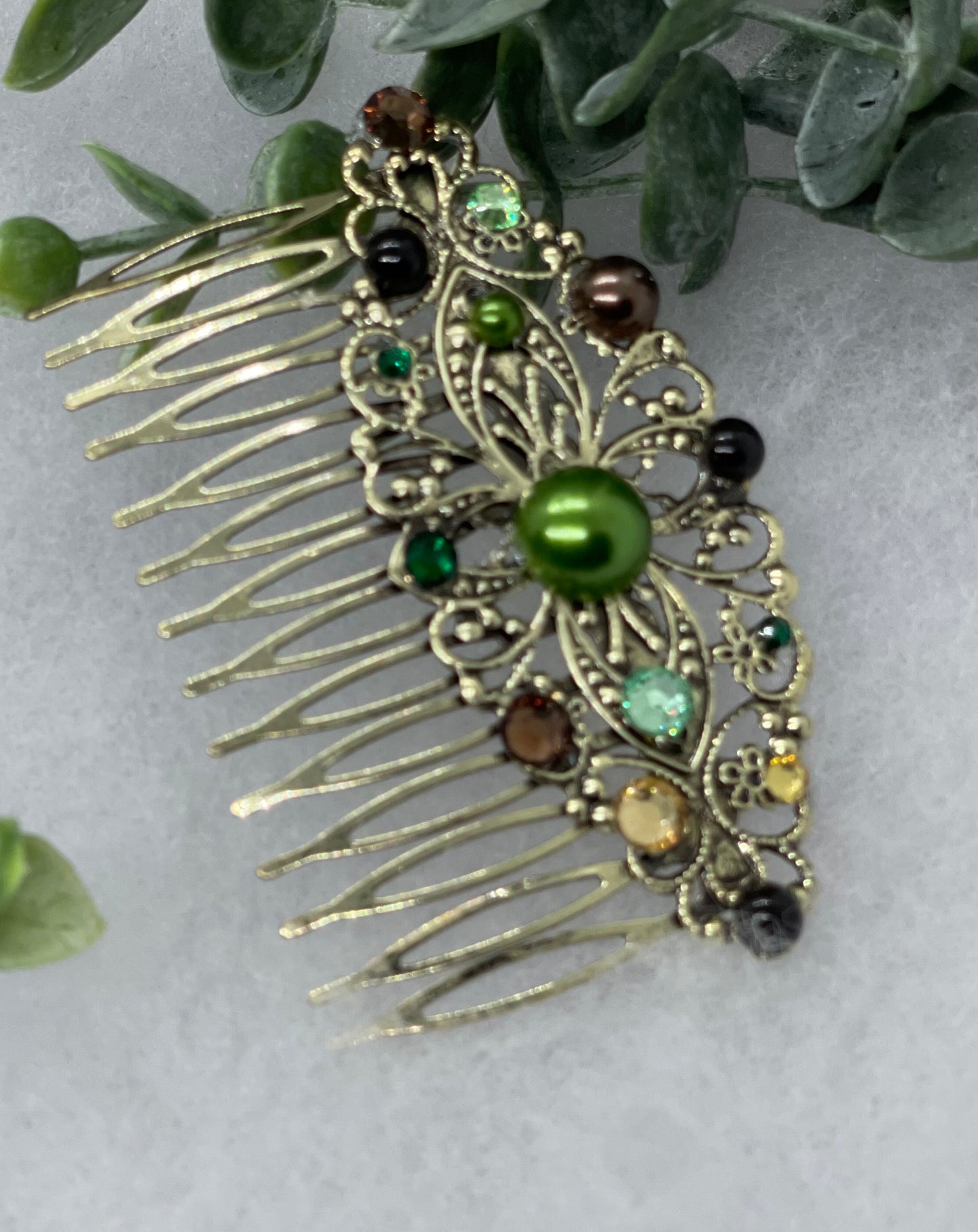 Camouflage crystal rhinestone pearl vintage style antique hair accessories gift birthday event formal bridesmaid 3.5” Metal side Comb #658