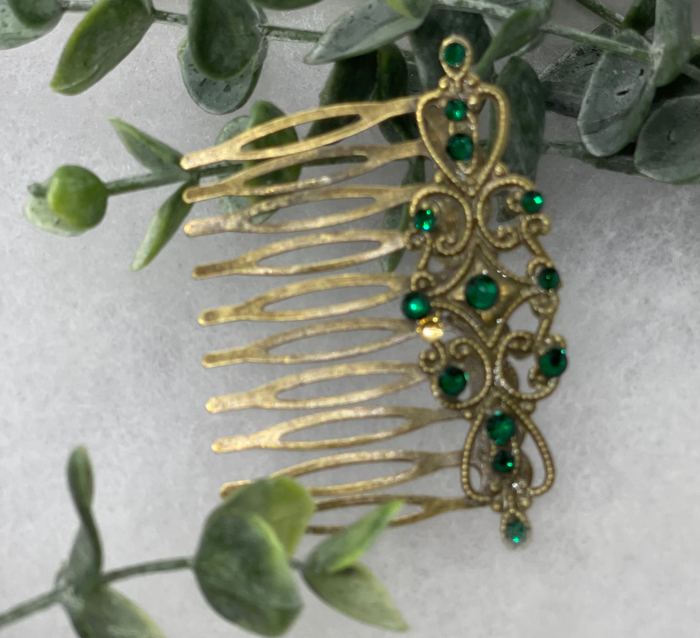 Emerald green crystal rhinestone vintage style antique hair accessories gift birthday event formal bridesmaid 2.5” Metal side Comb #652
