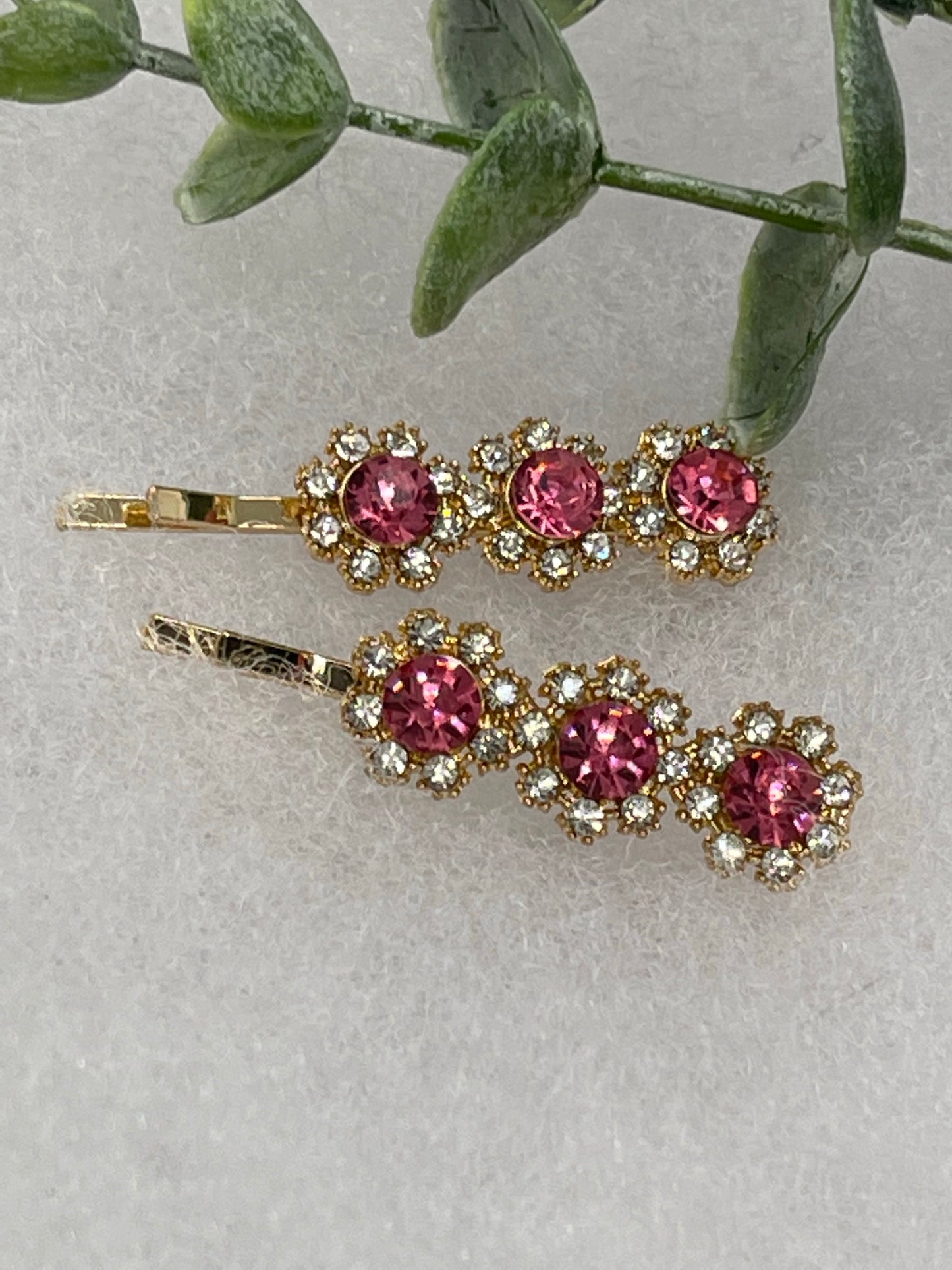 Pink crystal rhinestone approximately 2.0” gold tone hair pins 2 pc set wedding bridal shower engagement formal princess accessory accessories
