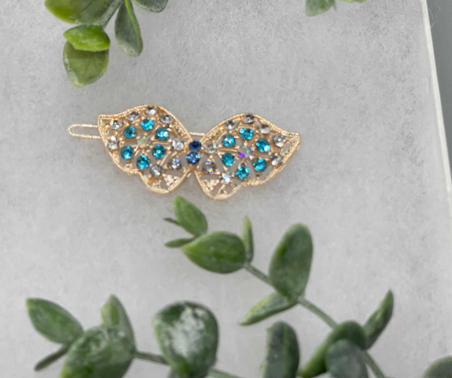 Teal butterfly crystal rhinestone approximately 2.0” barrette Gold vintage style bridal Wedding shower sweet 16