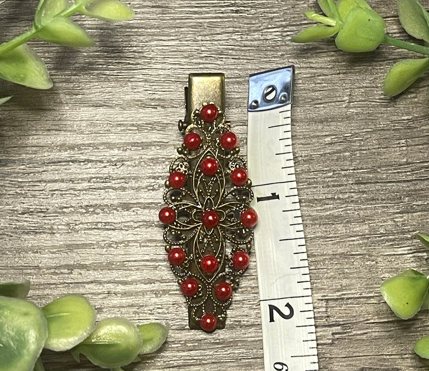 Red faux Pearl antique style hair alligator clip approximately 2.5” long Handmade hair accessory bridal wedding
