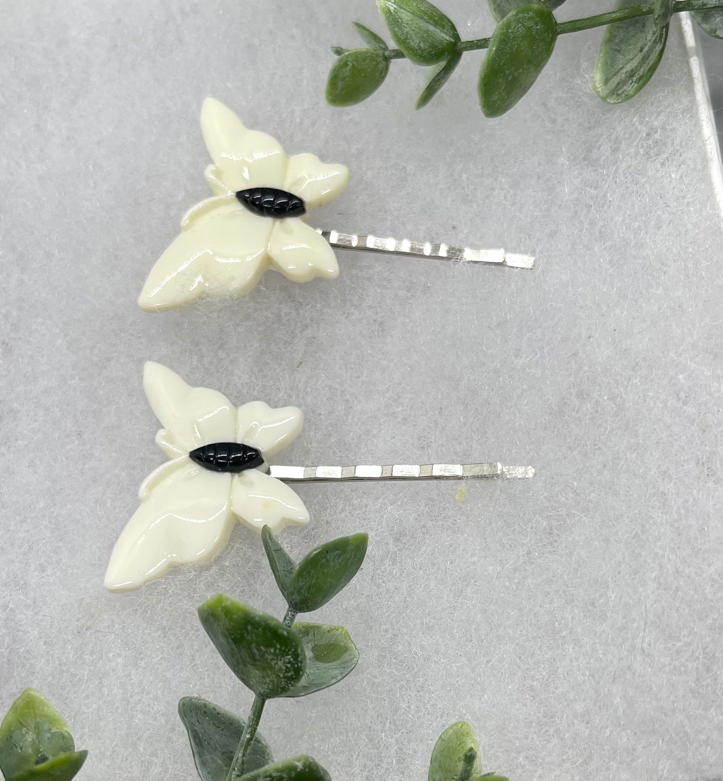 2 pc cream black Butterfly hair pins approximately 2.0”silver tone formal hair accessory gift wedding bridal Hair accessory #007
