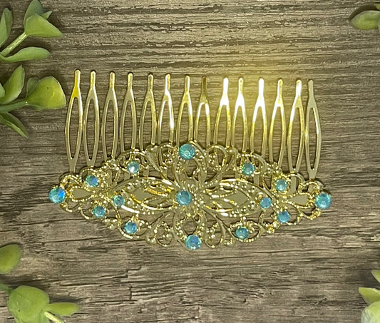 Aqua crystal rhinestone Comb on 3.5” antique Metal Hair Comb accessory Handmade Retro Bridal Prom birthday