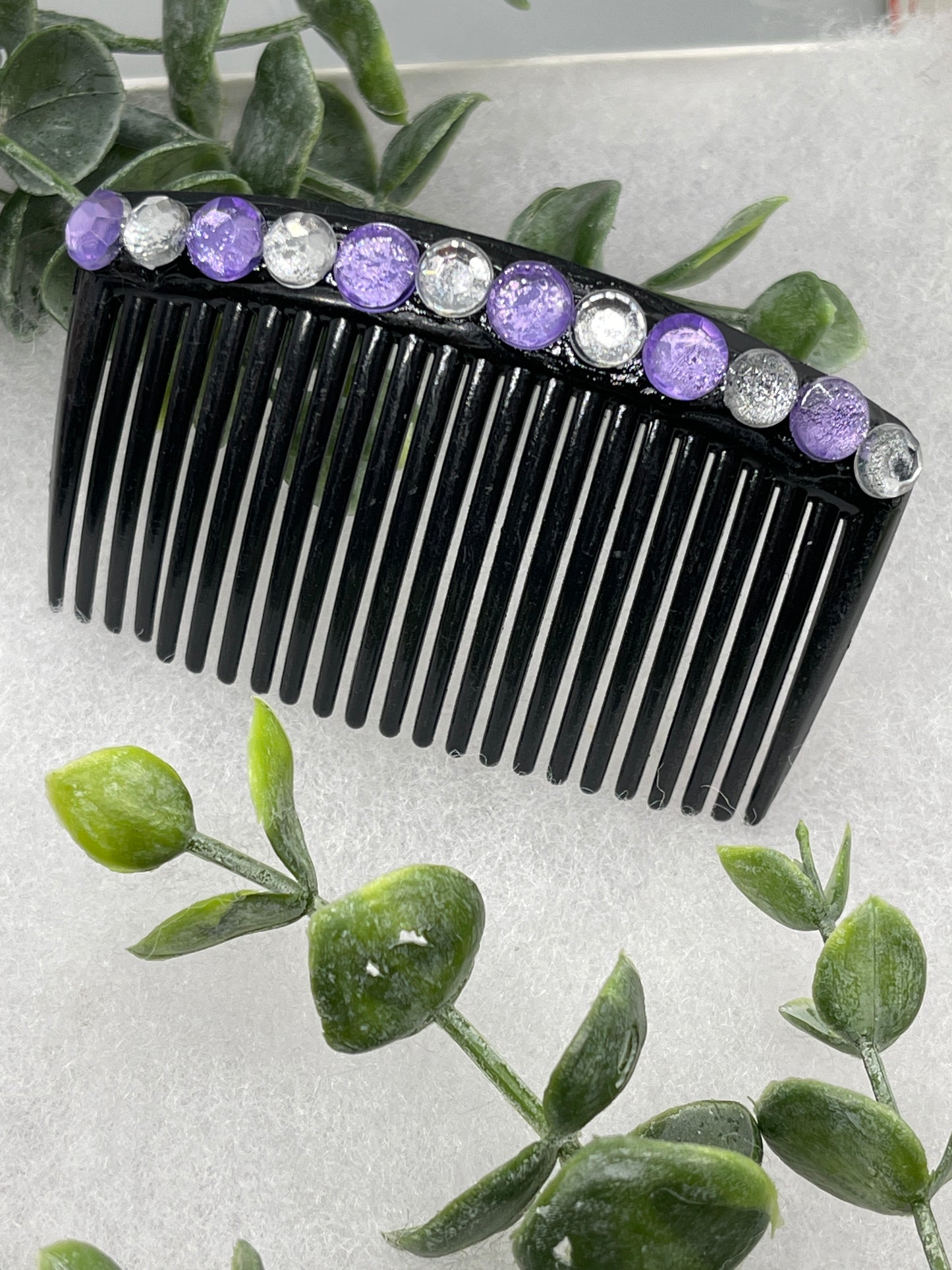 Purple faux crystal rhinestone side comb 3.5” black plastic hair accessory bridal wedding Retro Bridal Party Prom Birthday gifts