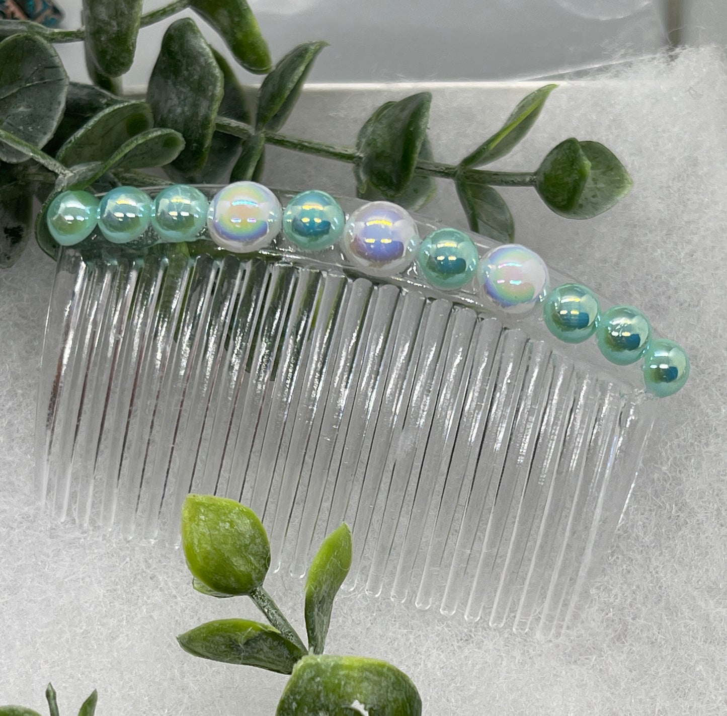 Iridescent light teal white faux pearl side comb 3.5” clear plastic hair accessory bridal wedding Retro Bridal Party Prom Birthday gifts