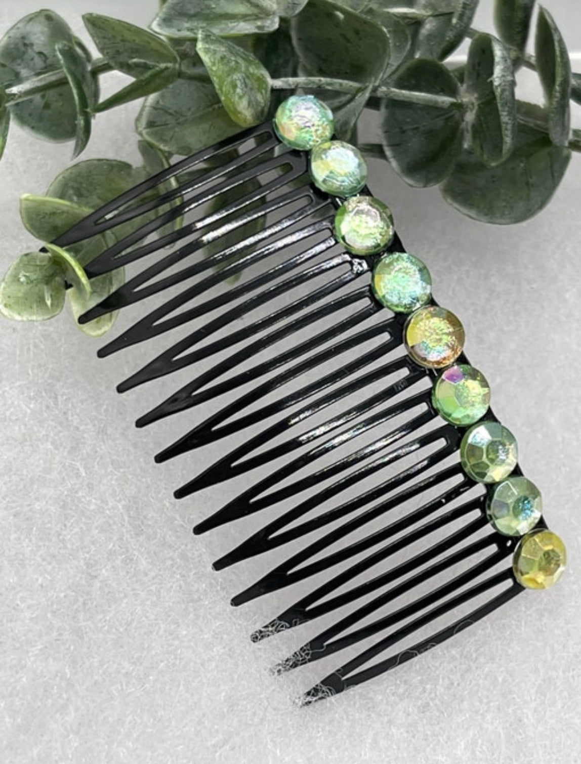 Light Green faux Rhinestone hair comb accessory side Comb 3.5” black plastic side Comb