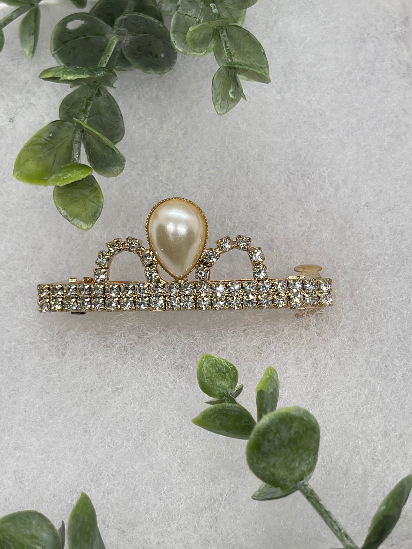 Teardrop Pearl Crown Crystal hair barrette approximately 3.0” gold tone formal hair accessory wedding bridal engagement princess bridesmaid