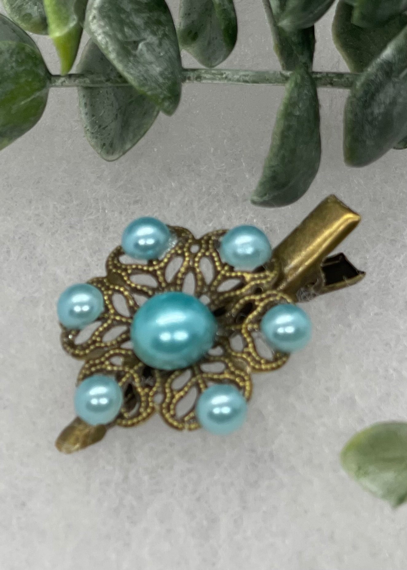 Light teal faux pearl vintage antique style flower hair alligator clip 2.0” Handmade hair accessory bridal wedding
