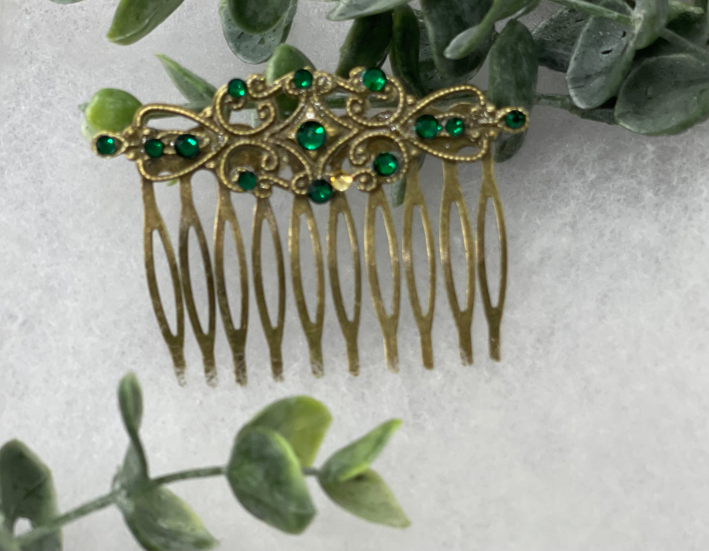 Emerald green crystal rhinestone vintage style antique hair accessories gift birthday event formal bridesmaid 2.5” Metal side Comb #652