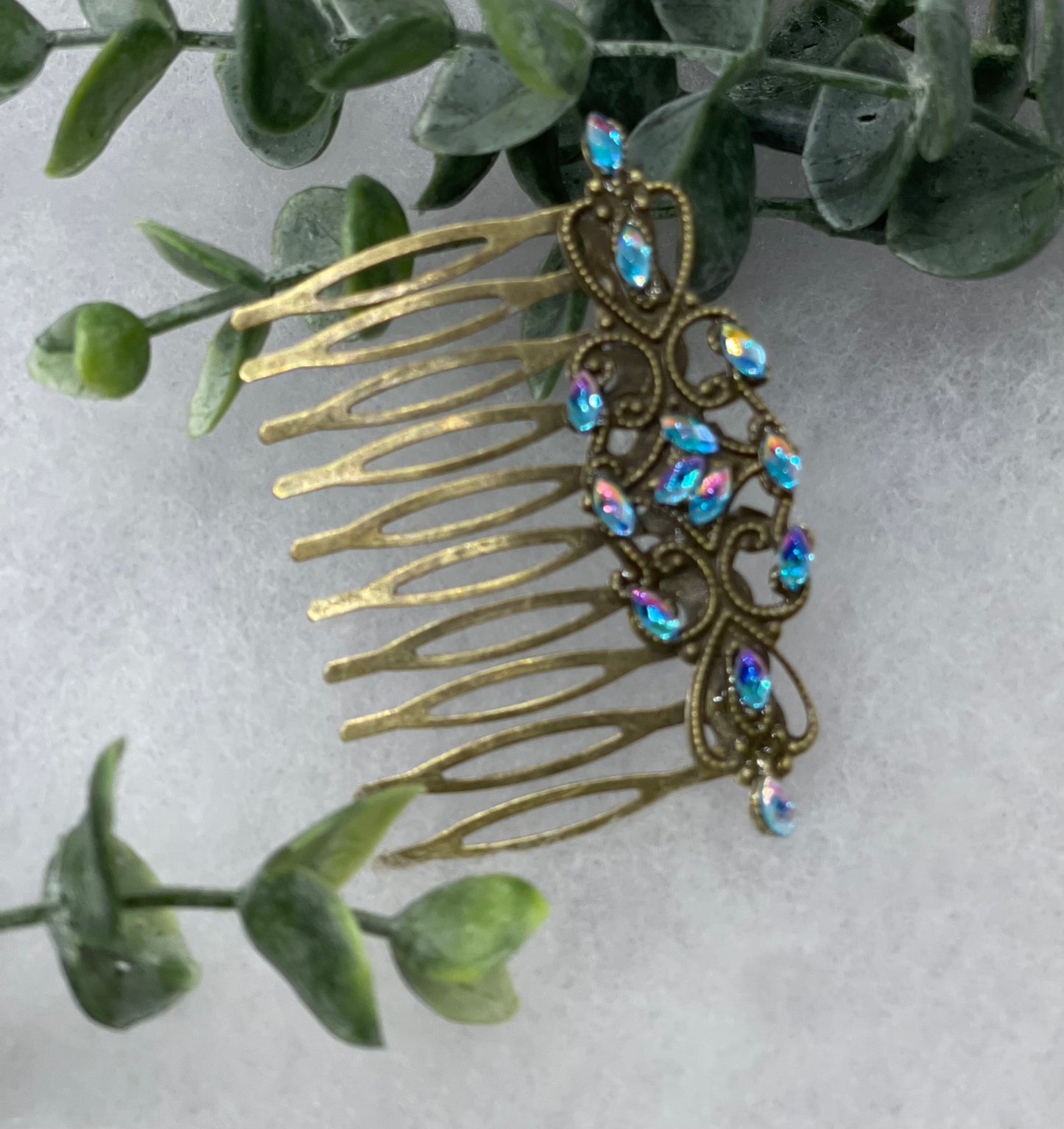 Blue iridescent gel crystal vintage style antique hair accessories gift birthday event formal bridesmaid 2.5” Metal side Comb #254