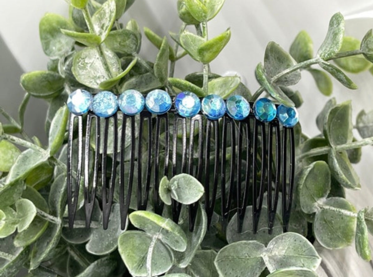 Blues clear faux Rhinestone hair comb accessory side Comb 3.5” plastic side Comb