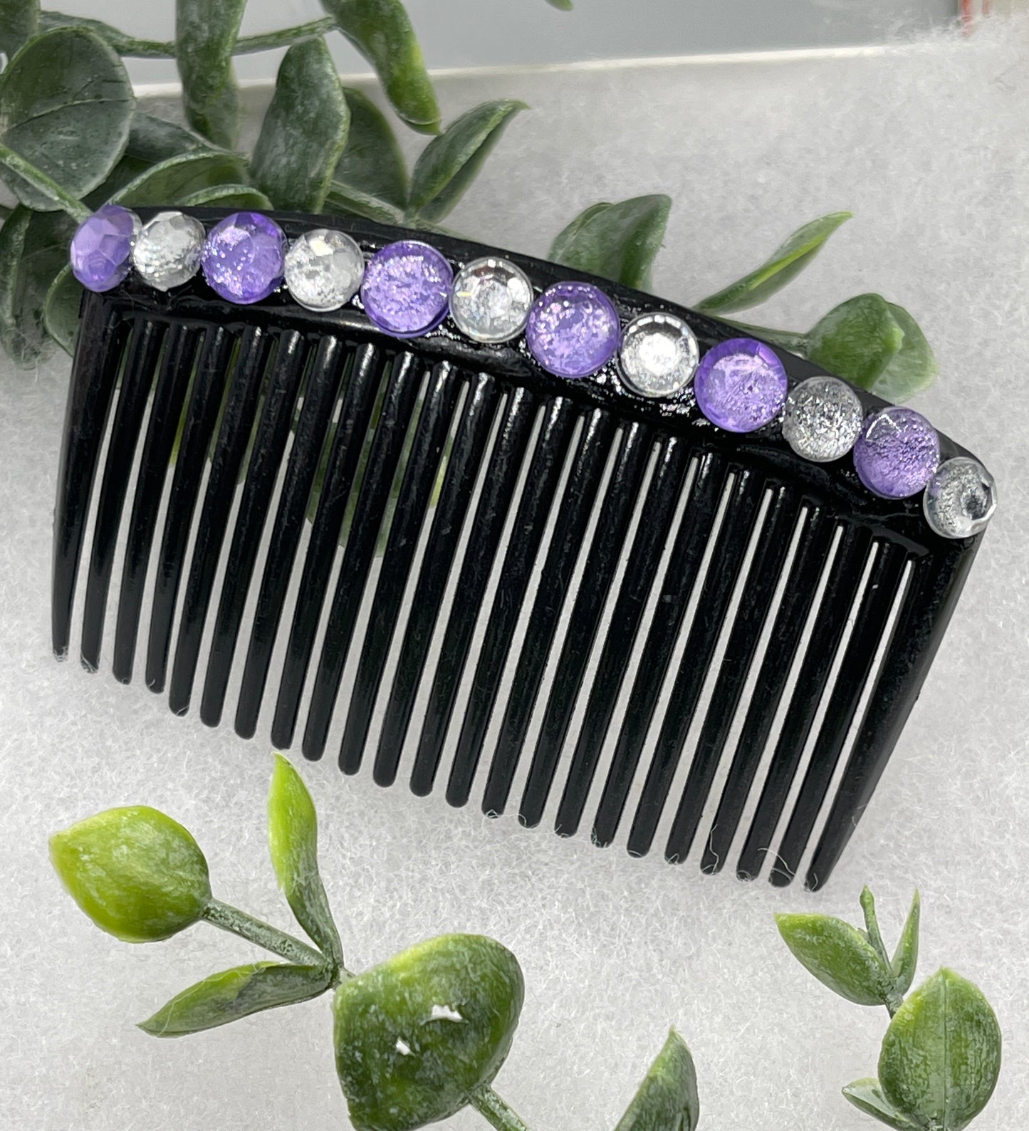 Purple faux crystal rhinestone side comb 3.5” black plastic hair accessory bridal wedding Retro Bridal Party Prom Birthday gifts