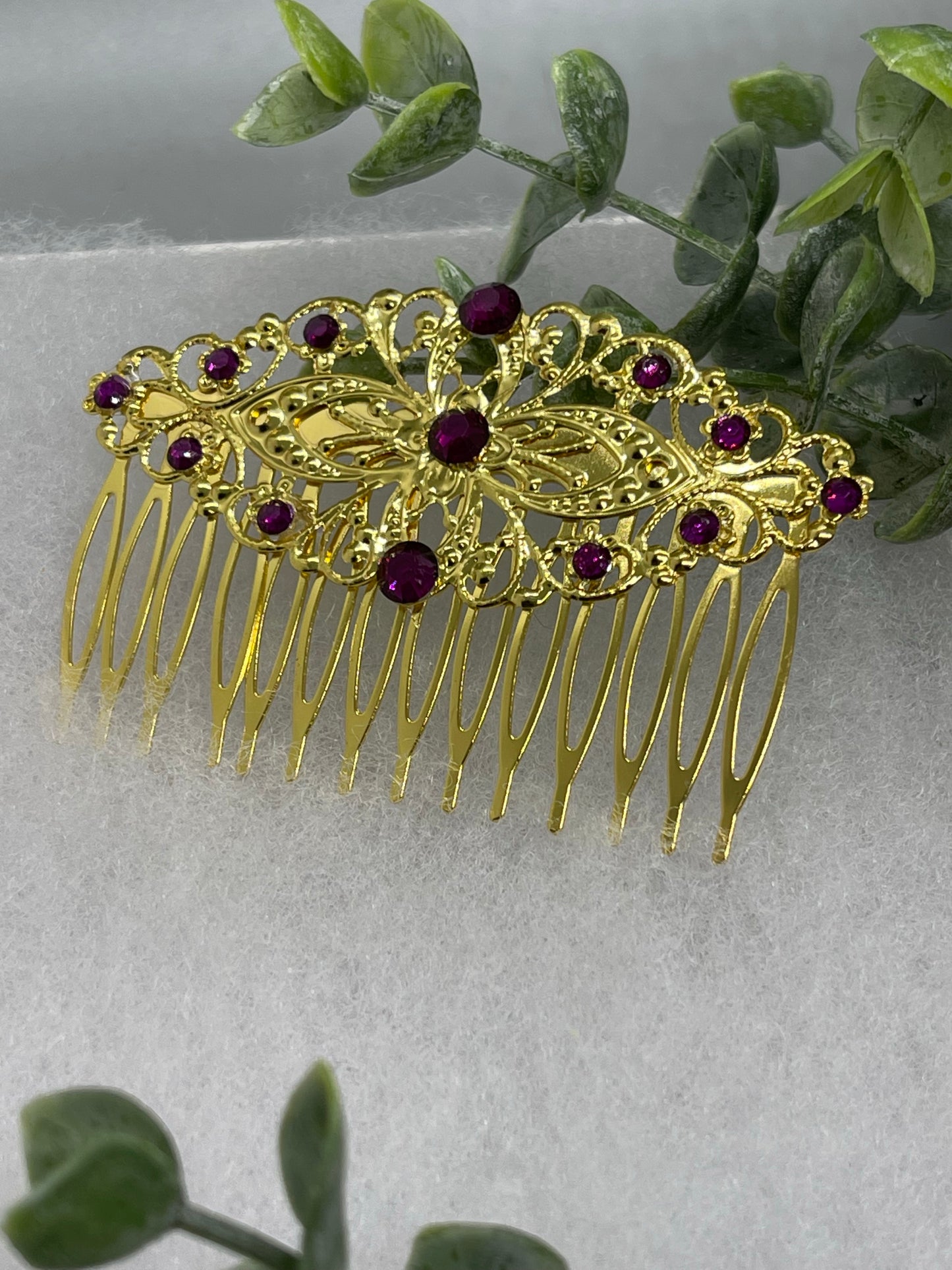 Purple crystal vintage style silver tone side comb hair accessory accessories gift birthday event formal bridesmaid wedding 3.5” gold tone side comb