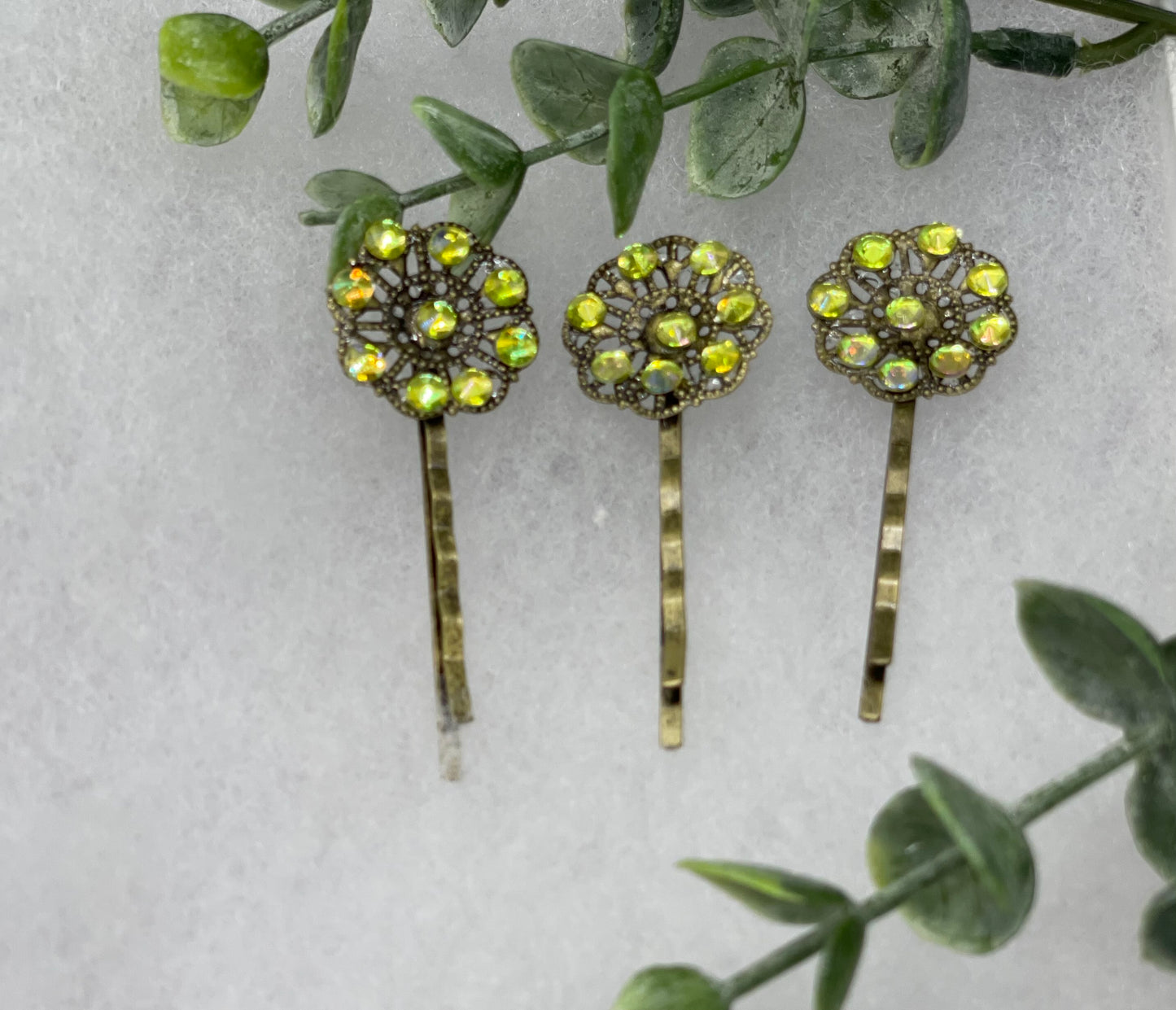 Yellow crystal 3 pc set Antique vintage Style approximately 3.0” flower hair pin wedding engagement bride princess formal hair accessories