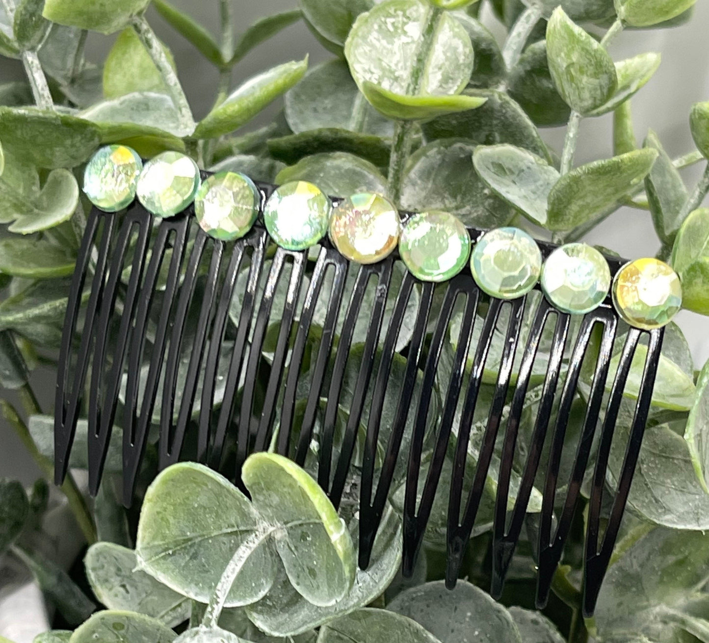 Light Green faux Rhinestone hair comb accessory side Comb 3.5” black plastic side Comb