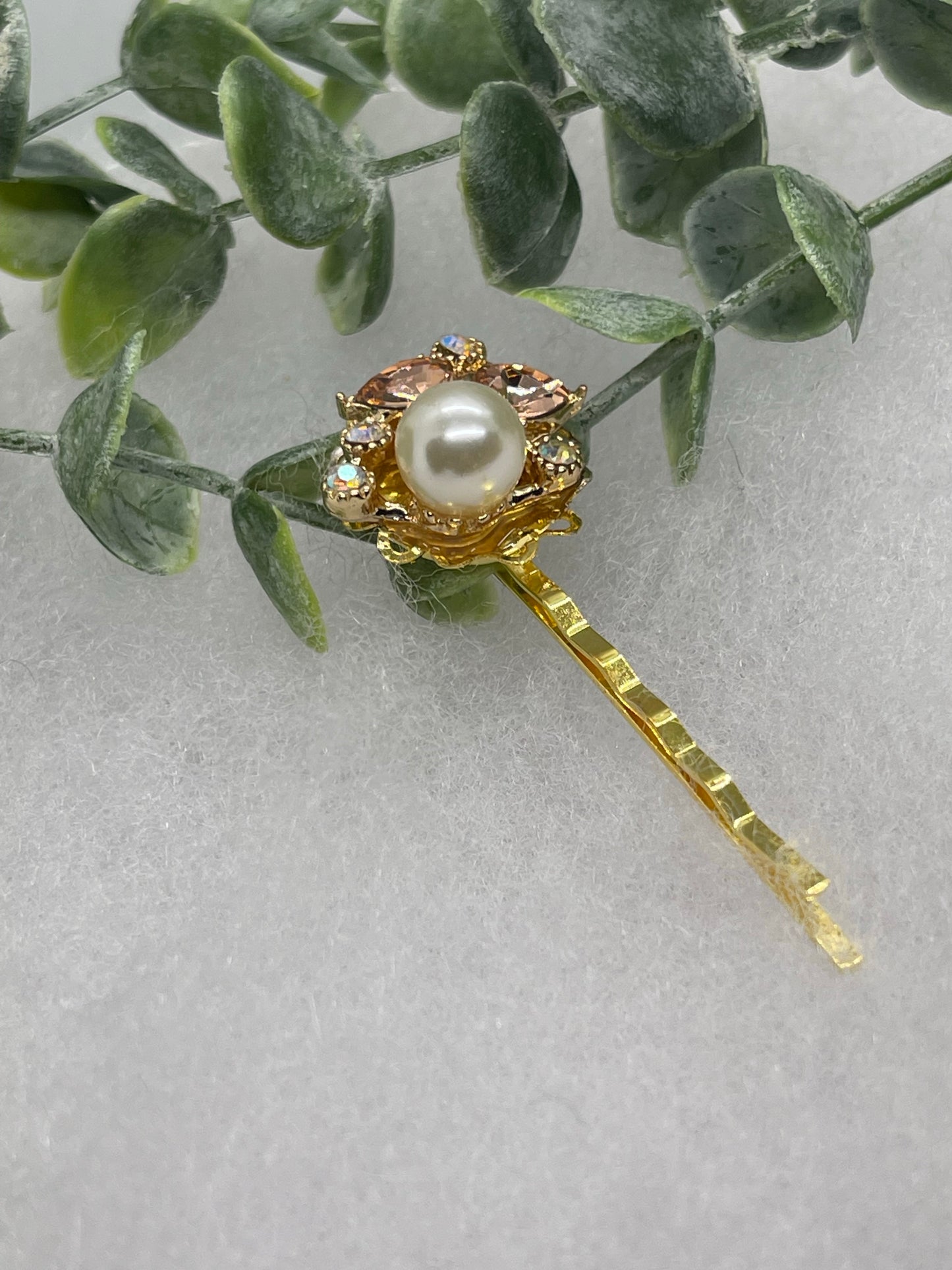 White Pearl pink iridescent crystal Gold Antique vintage Style approximately 3.0” flower hair pin wedding