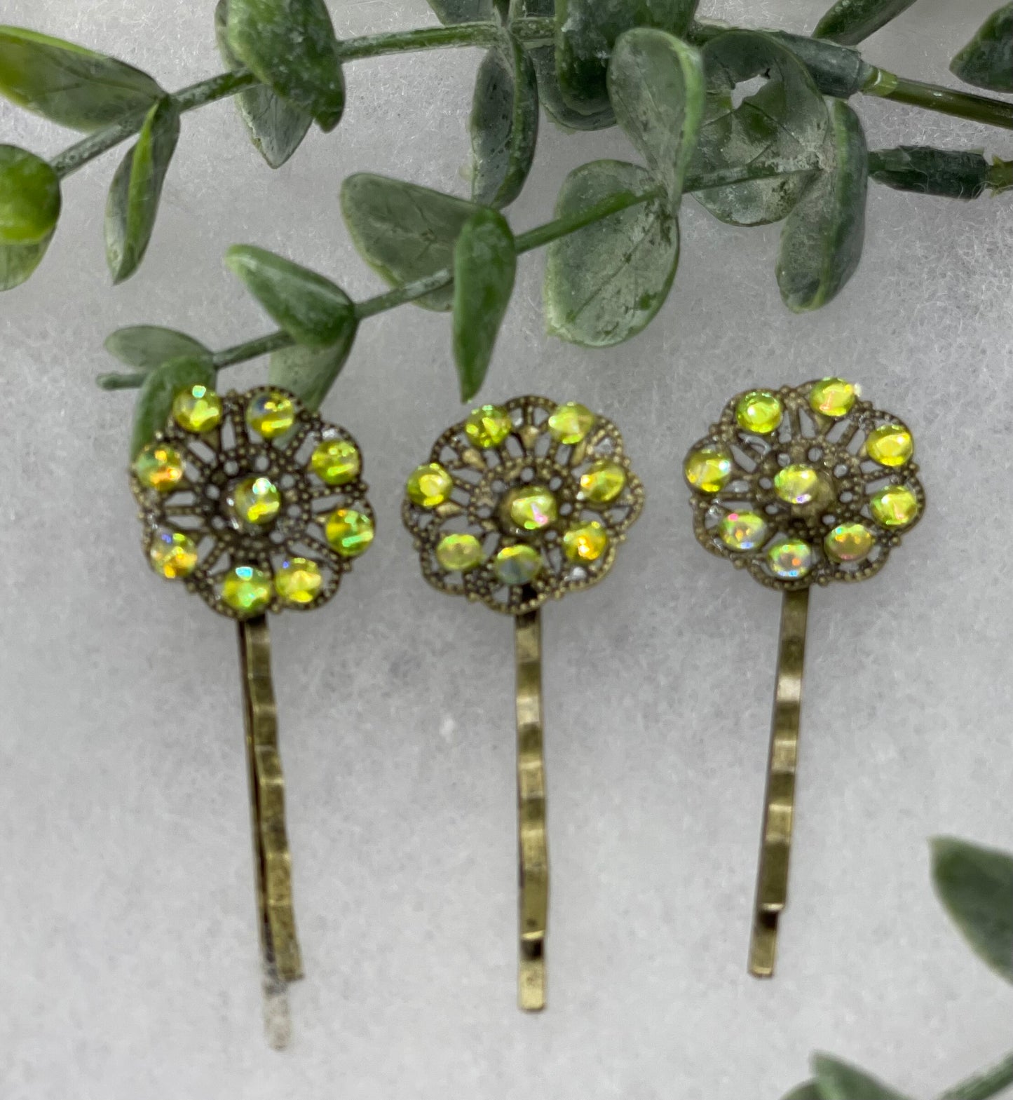 Yellow crystal 3 pc set Antique vintage Style approximately 3.0” flower hair pin wedding engagement bride princess formal hair accessories