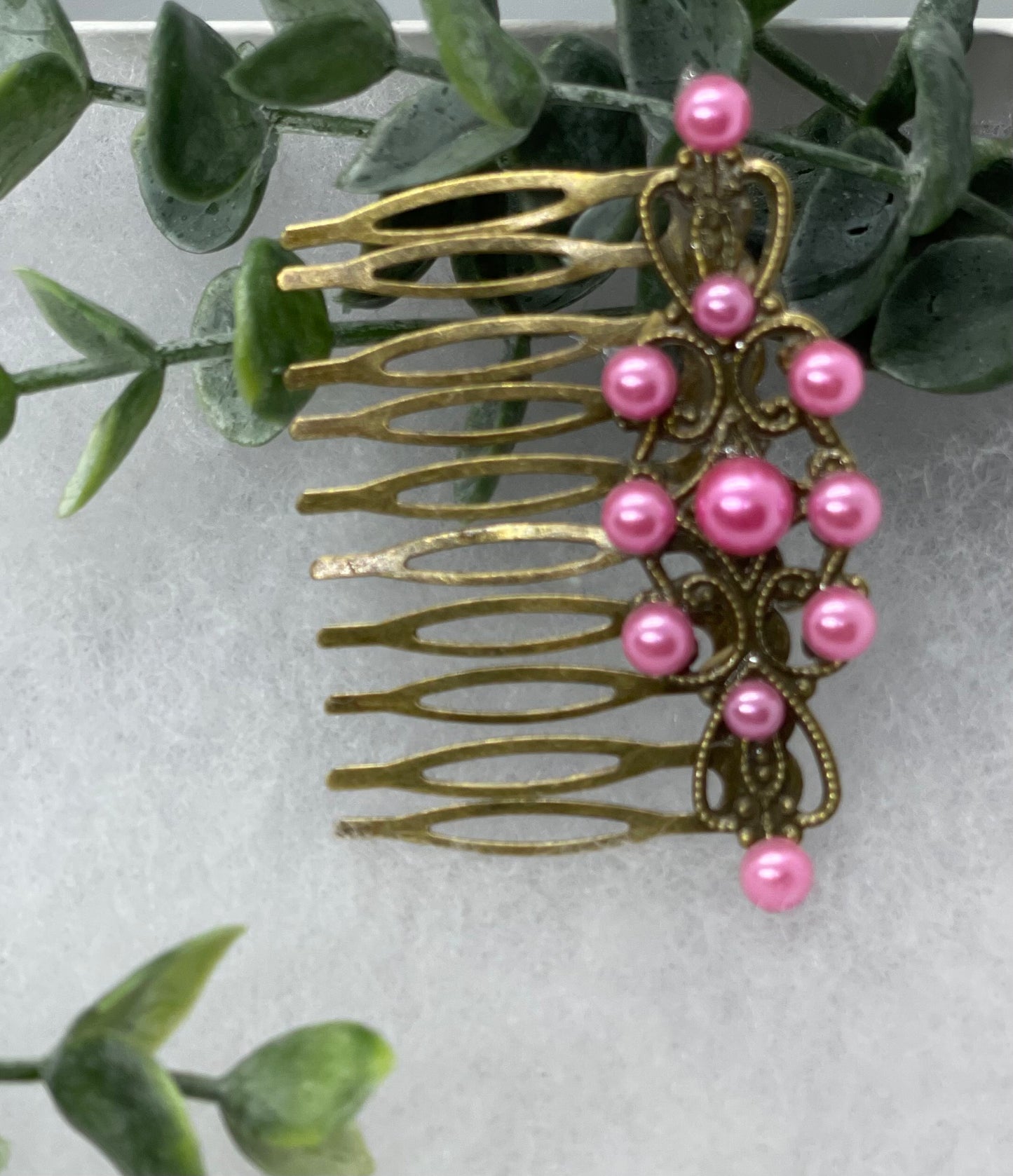 Pink pearl vintage style antique hair accessories gift birthday event formal bridesmaid 2.5” Metal side Comb #251