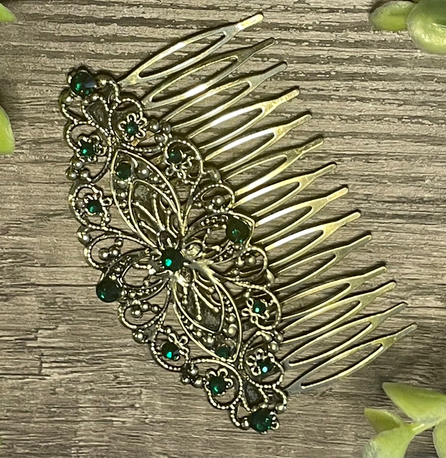 Emerald crystal rhinestone Comb on 3.5” antique Metal Hair Comb accessory Handmade Retro Bridal Prom