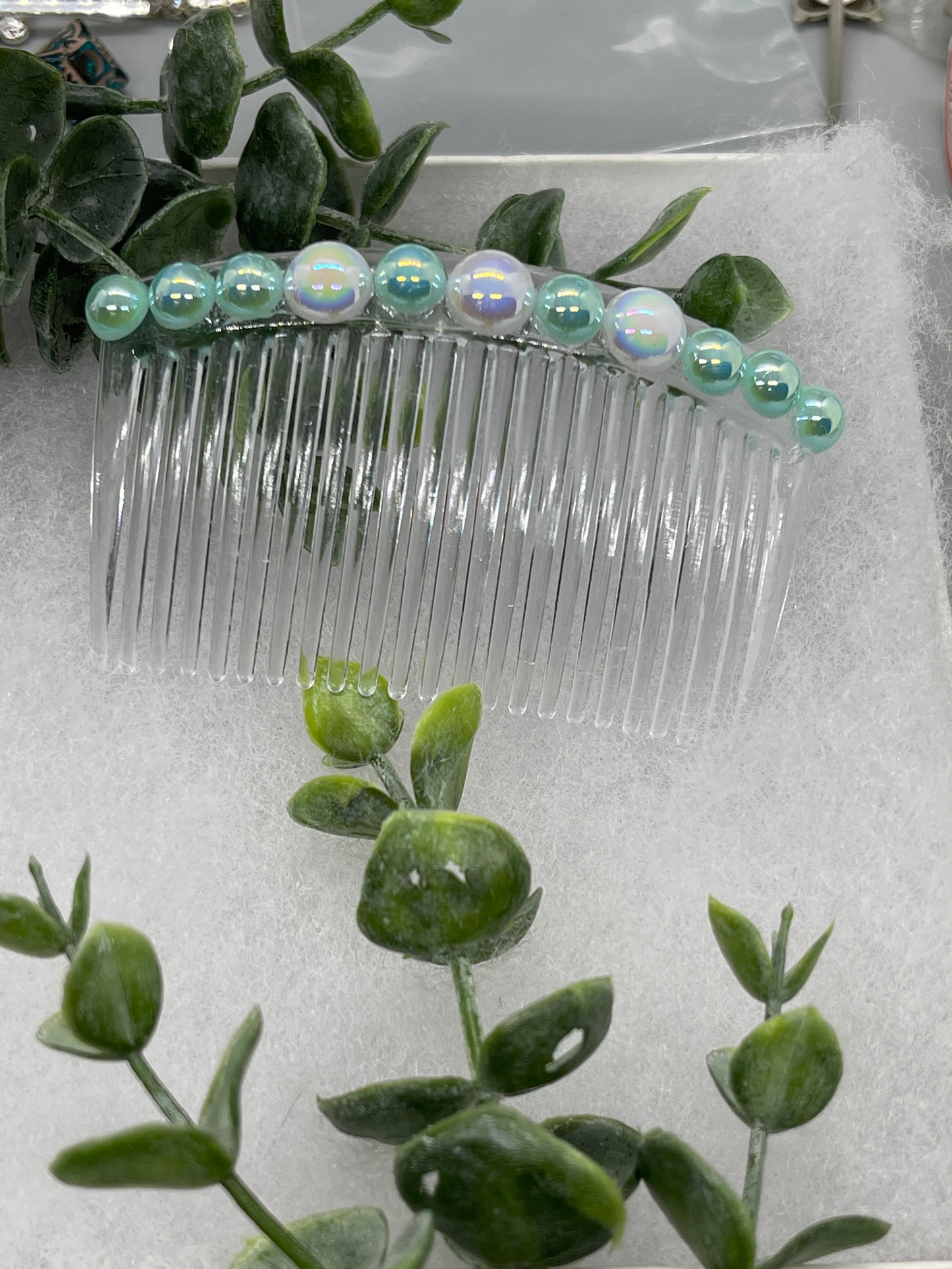 Iridescent light teal white faux pearl side comb 3.5” clear plastic hair accessory bridal wedding Retro Bridal Party Prom Birthday gifts