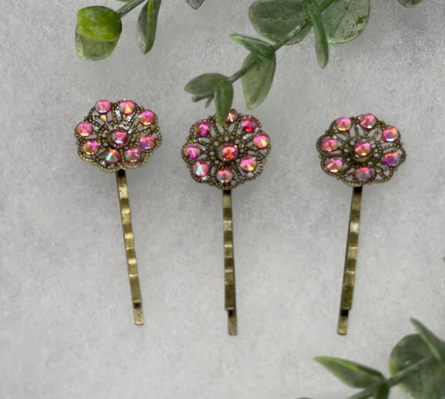 Pink rainbow crystal 3 pc set Antique vintage Style approximately 3.0” flower hair pin wedding engagement bride princess formal hair accessories