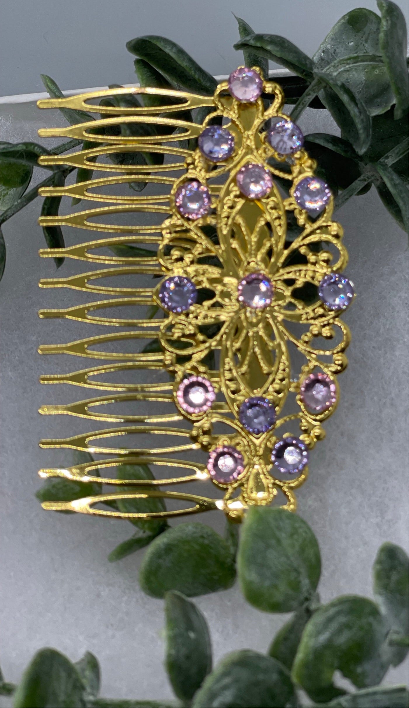lavender pink crystal vintage style Gold tone side comb hair accessory accessories gift birthday event formal bridesmaid wedding 3.5” Metal side Comb