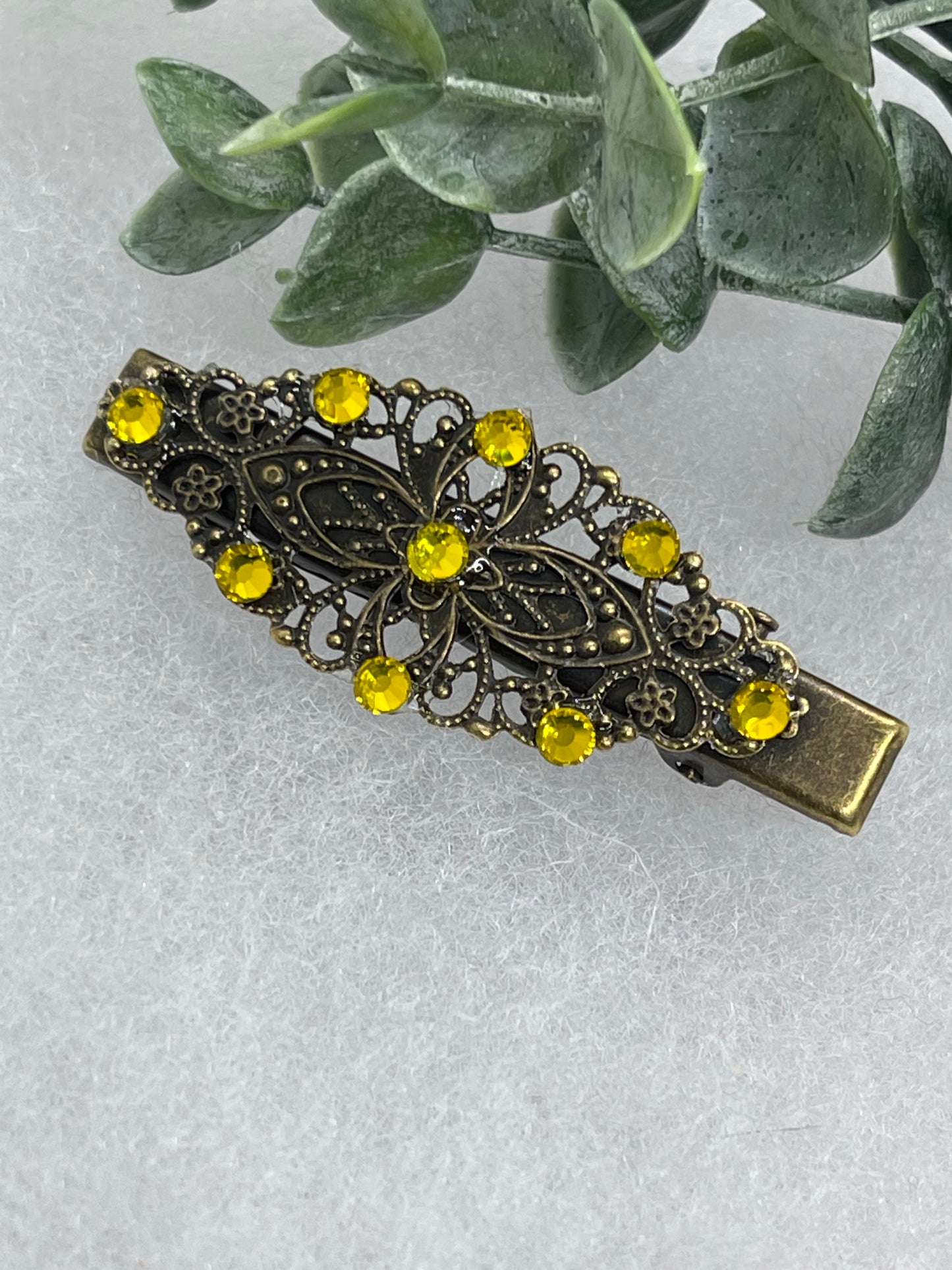 Yellow Crystal vintage antique style leaf hair alligator clip approximately 2.5” long Handmade hair accessory bridal wedding Retro