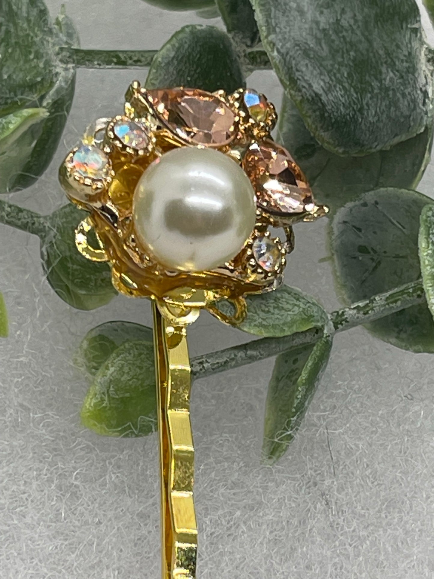 White Pearl pink iridescent crystal Gold Antique vintage Style approximately 3.0” flower hair pin wedding