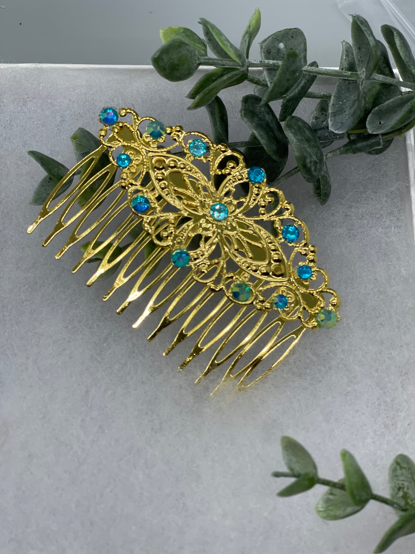 Teal crystal rhinestone vintage style side comb hair accessories gift birthday 3.5” Metal side Comb