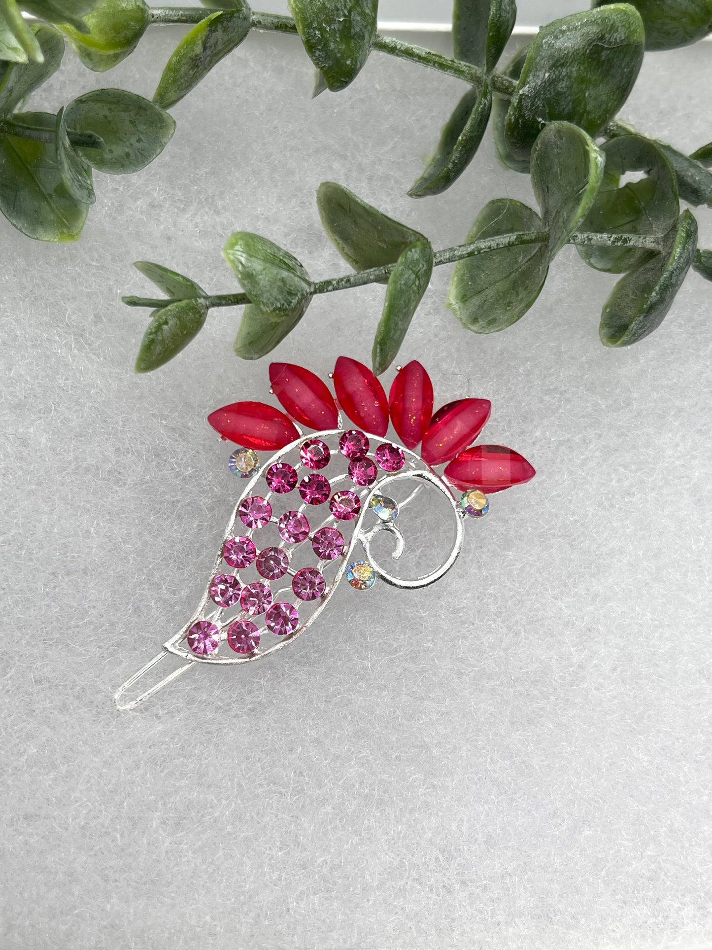 Red with pink Crystal Rhinestone peacock hair clip approximately 3.0”Metal silver tone formal hair accessory gift wedding bridal engagement